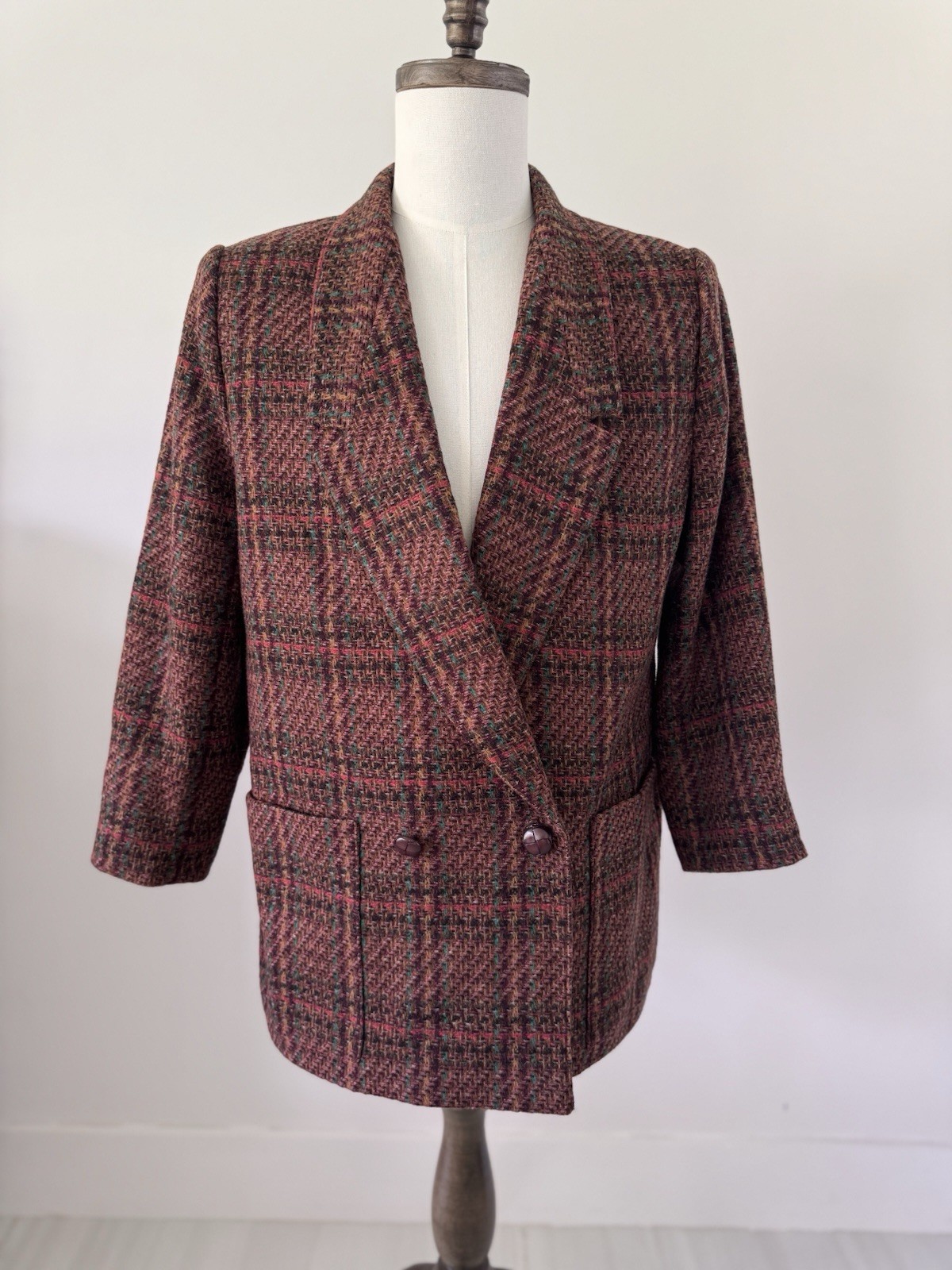 VTG Giorgio Sant’Angelo Plaid Tweed Wool Blazer Jacket Sz 14 Brown/Red Academia