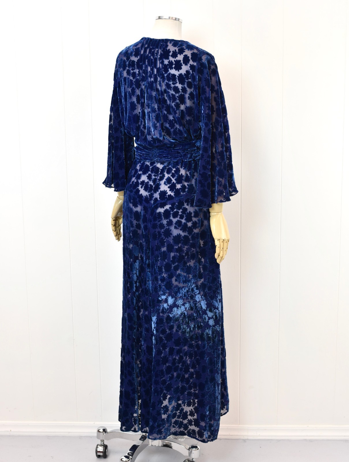 Antique 1930s Blue Devore Burnout Velvet Floral Art Deco Sheer Dress Larger Size
