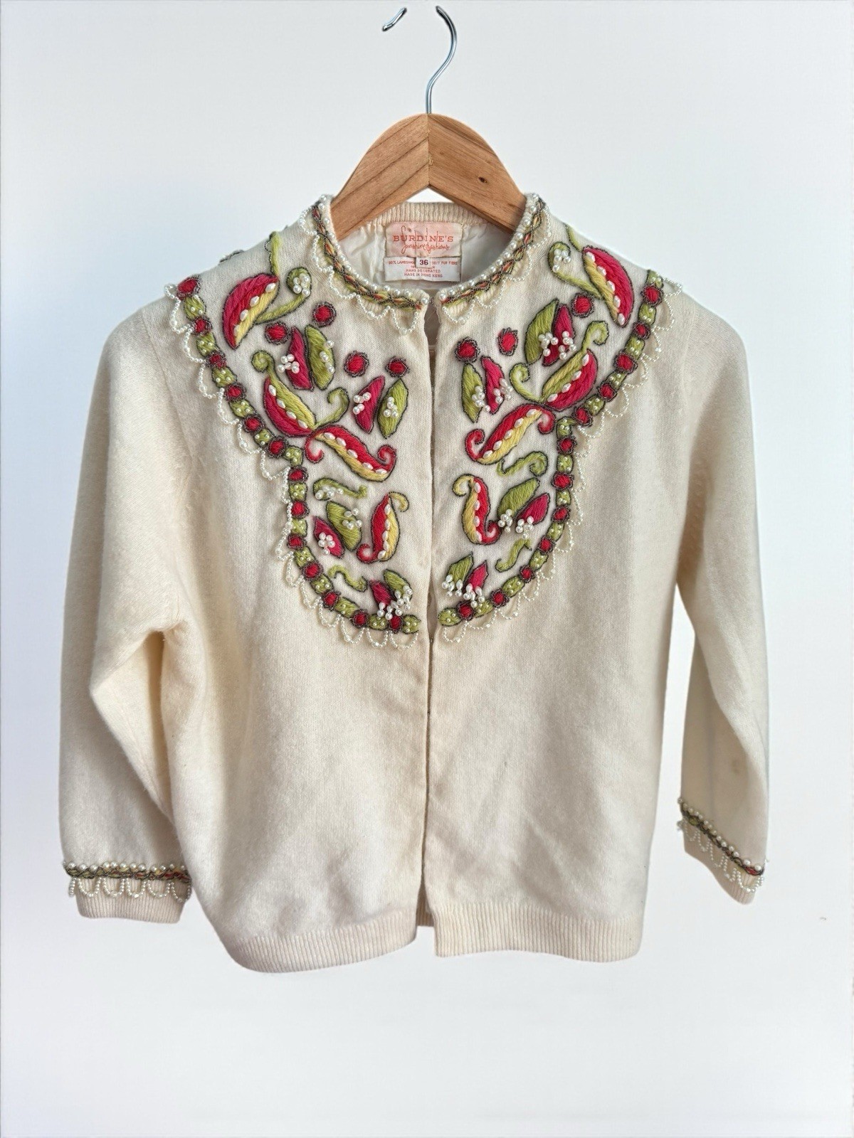 Vtg Burdine’s Sunshine All Over Beaded Ivory Cardigan Sweater Lambswool 36 Small
