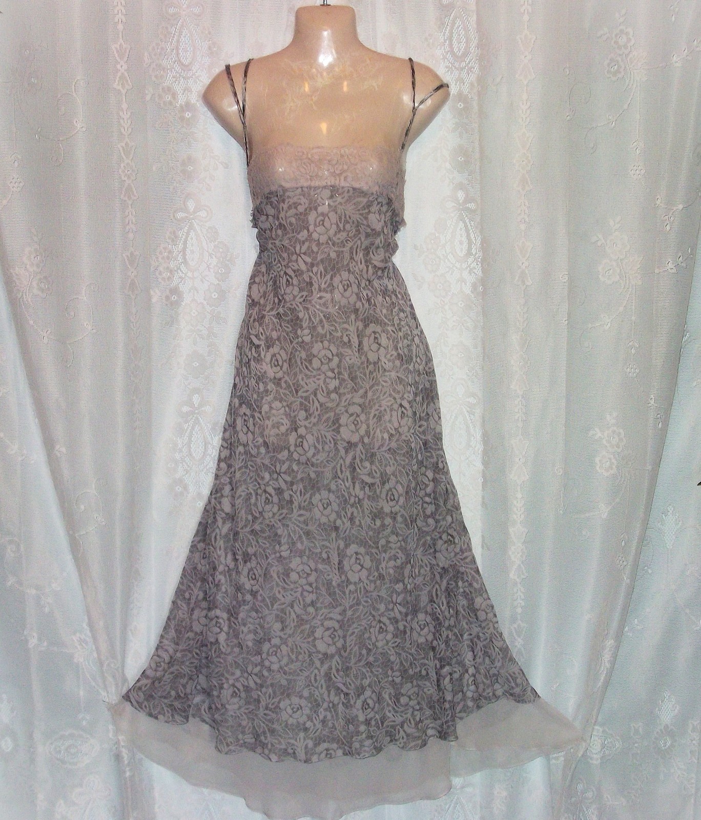 90’s, XLg.”Private Luxuries” gray floral,vintage,chiffon,vintage nightgown,fancy