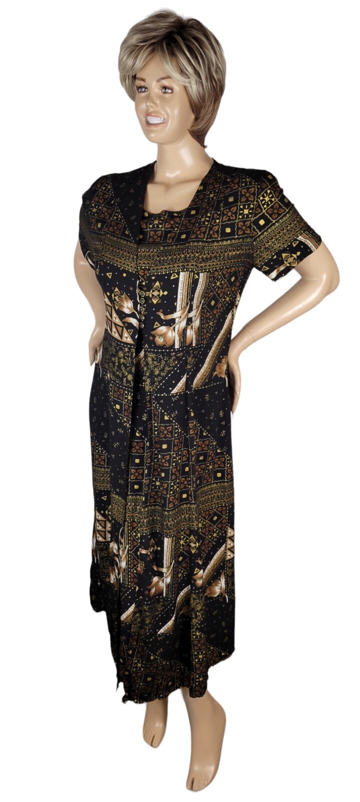 Vintage 90s Betsy Lauren Black Floral Tribal Cottagecore Grunge Maxi Dress 14