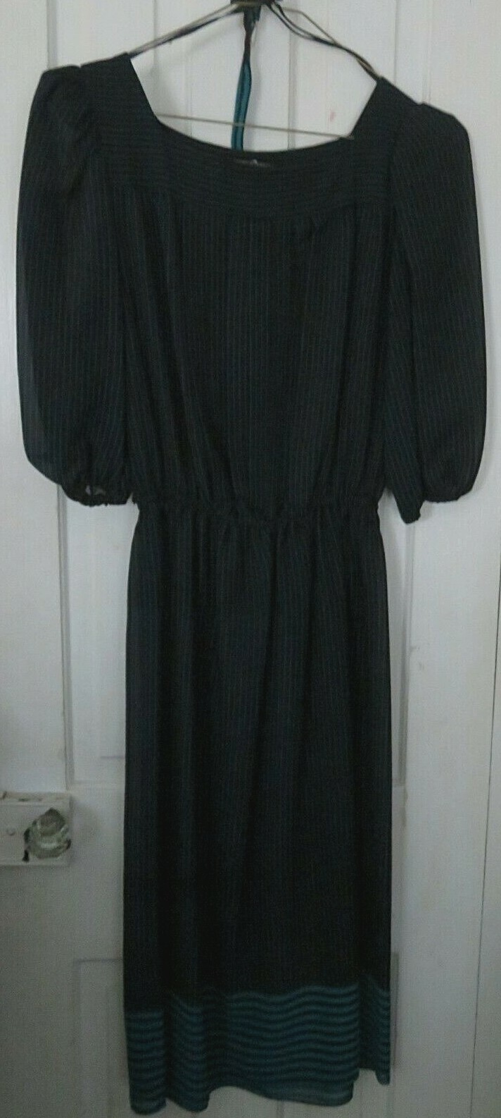 Ladies Vtg BILLY JACK Sheer BLACK STRIPED DRESS ¾ Sleeve Belt Size 11/12 EVC