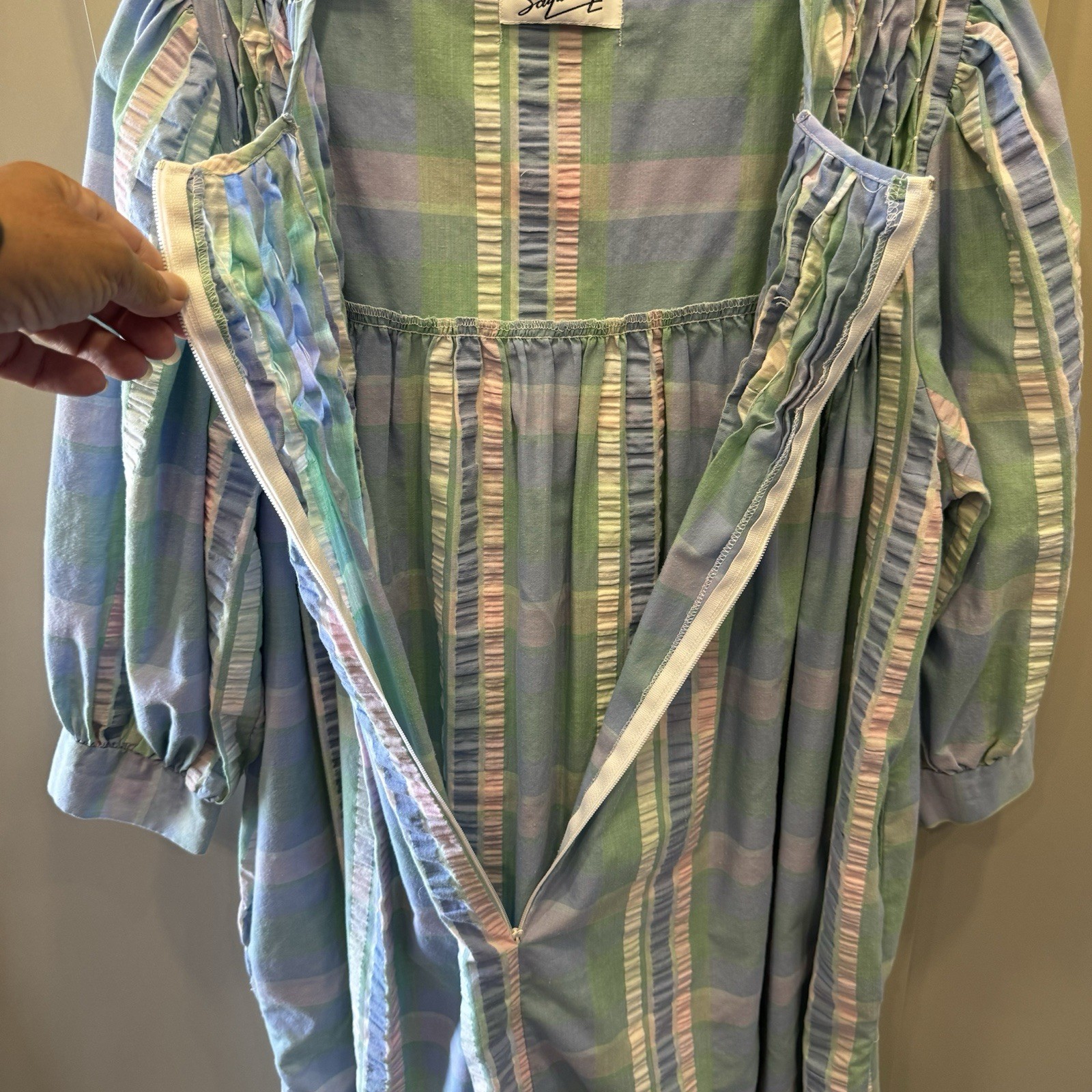 Saybury Vintage Plaid Nightgown Cotton Size Large Blue Green Yellow