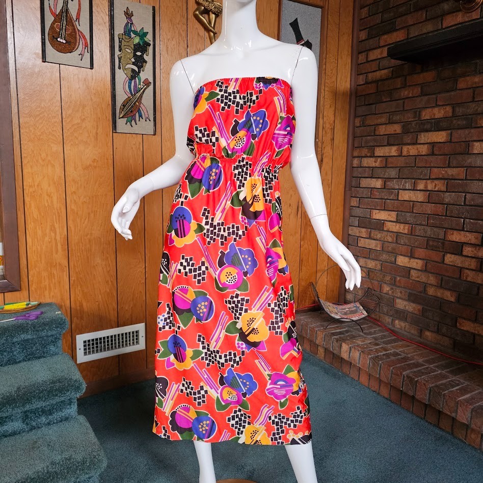 Vtg 70s Disco Party Tube Top Cold Shoulder Studio 54 Abstract Jump Dress XS/S/M