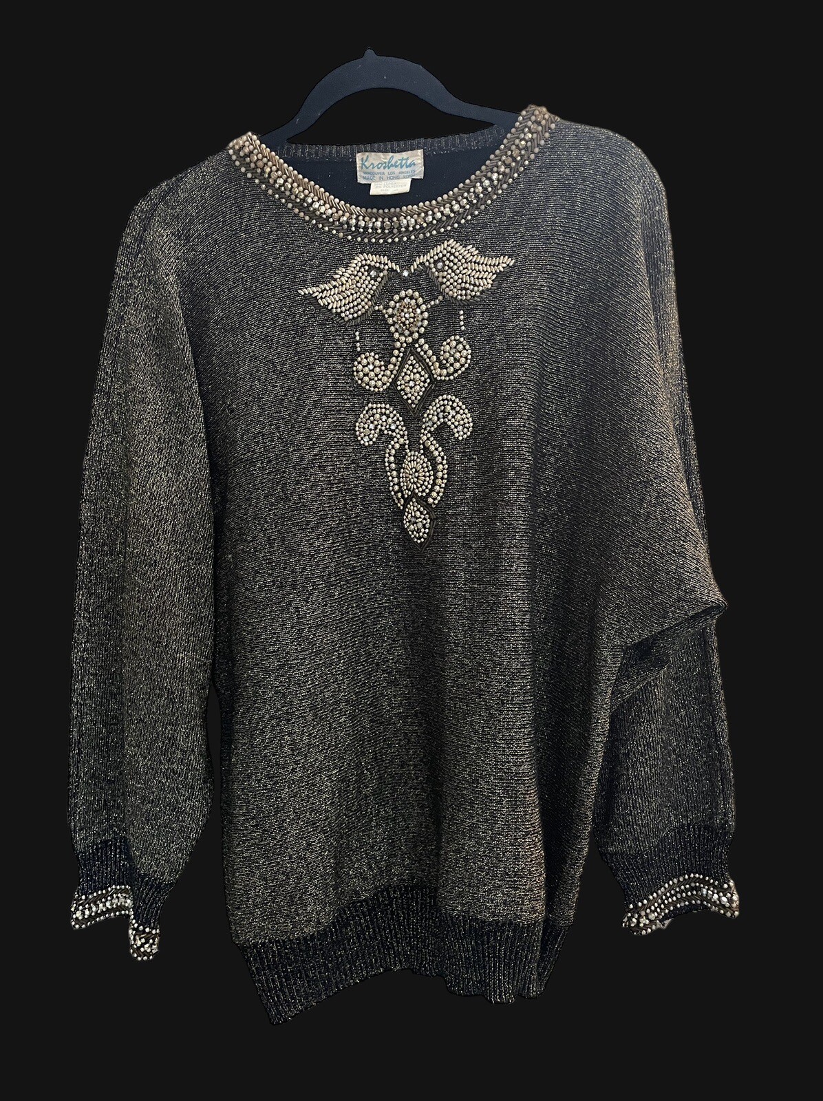 Vintage Sweater McBling Pearl Beads Glam Fairy Goth Evening Knitwear Gold Foil L