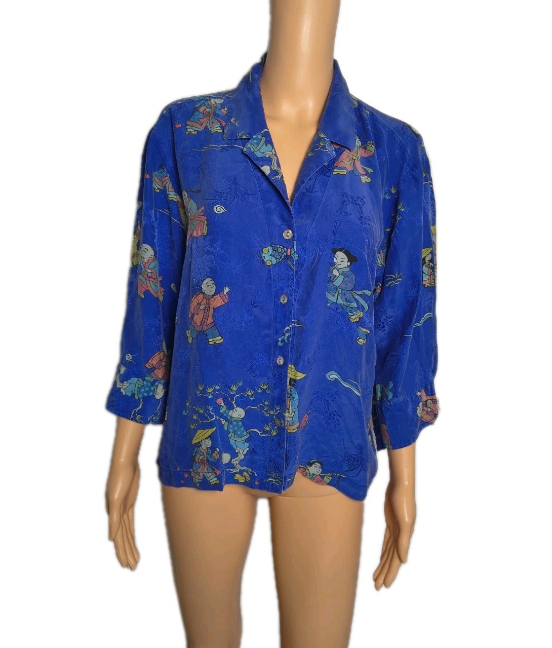 Vintage 80s 90s Chico’s Design Asian 100% Silk Blouse Royal Blue Size 2X