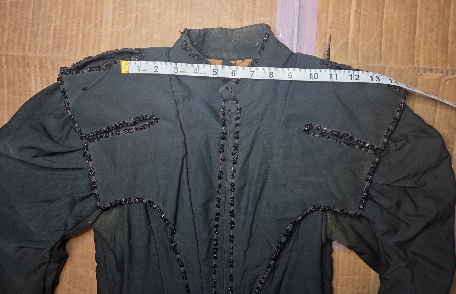 Deep Hunter Green Victorian Cotton Blend Bodice w/ Jet Black Bead Trim