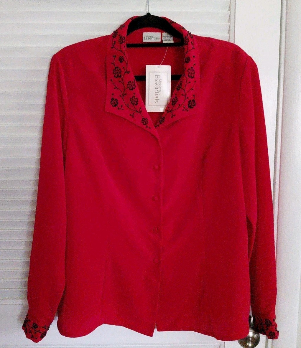 NWT VTG Sears~Modern Essentials ~ Long Sleeve Blouse,Sz 18Red w/Black Embroidery