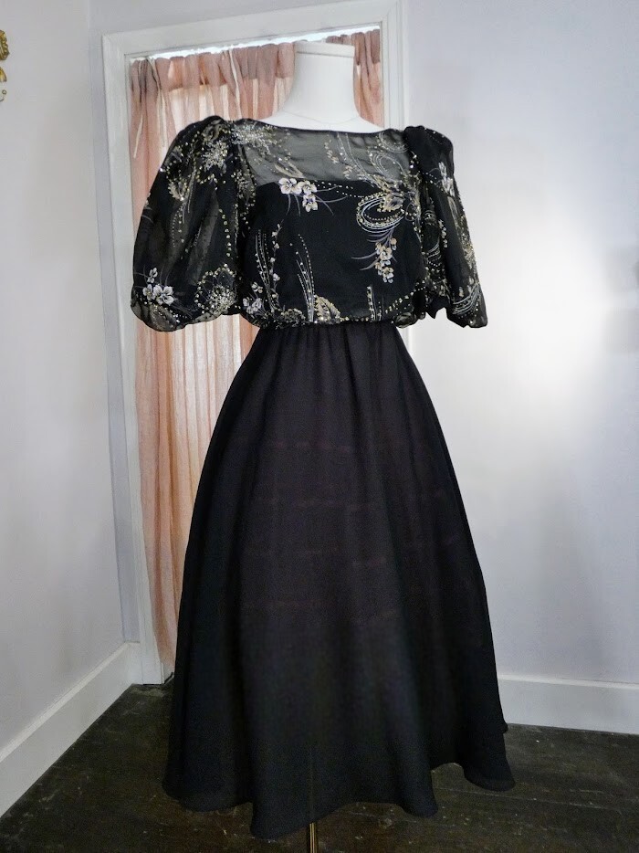 80s Vintage CONNECTIONS Black Puff Sleeve Silver Gold Glitter Dress ILGWU Small