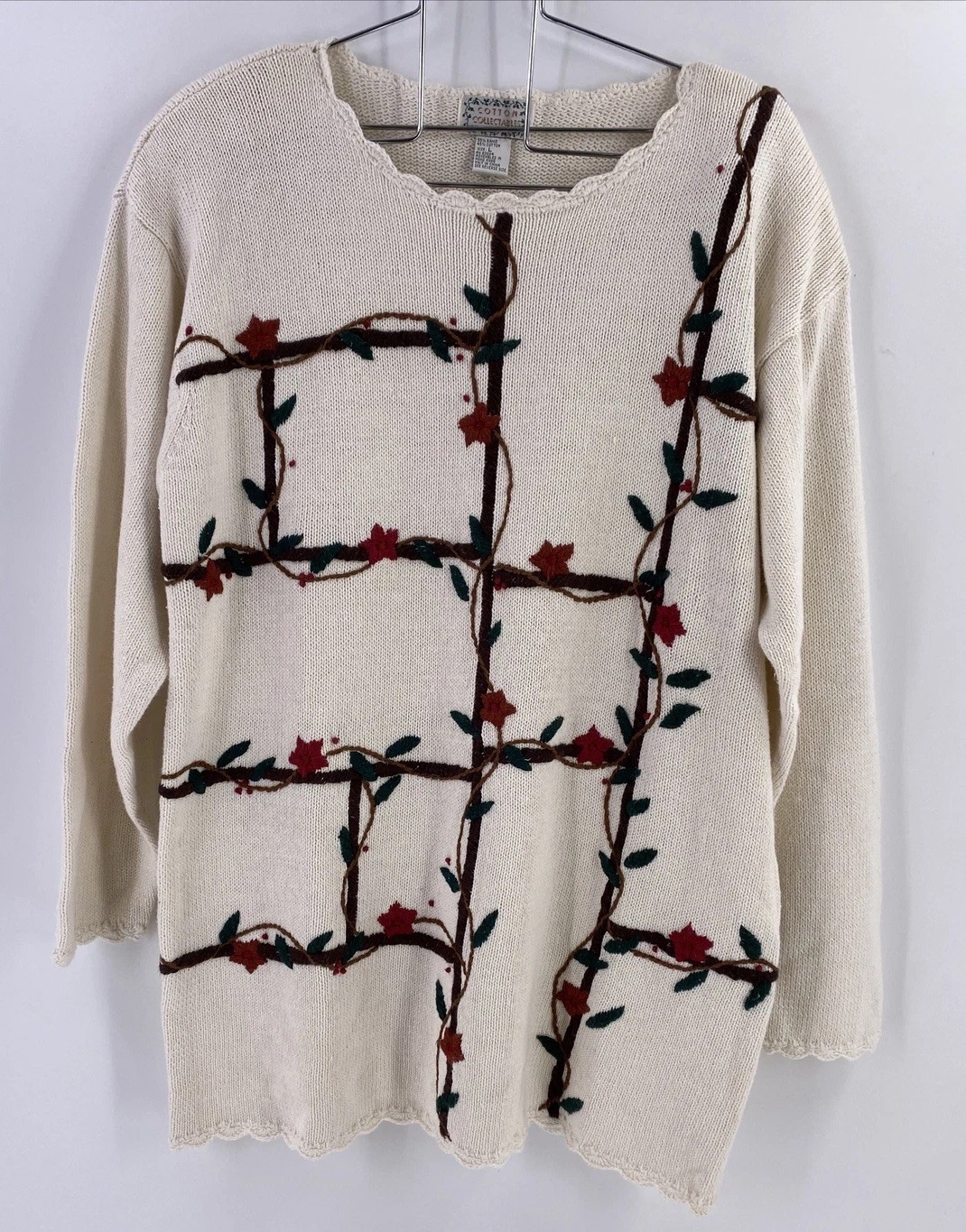 Vtg Cotton Collectables L Sweater Cream Embroidered Floral Vines Crochet Trim