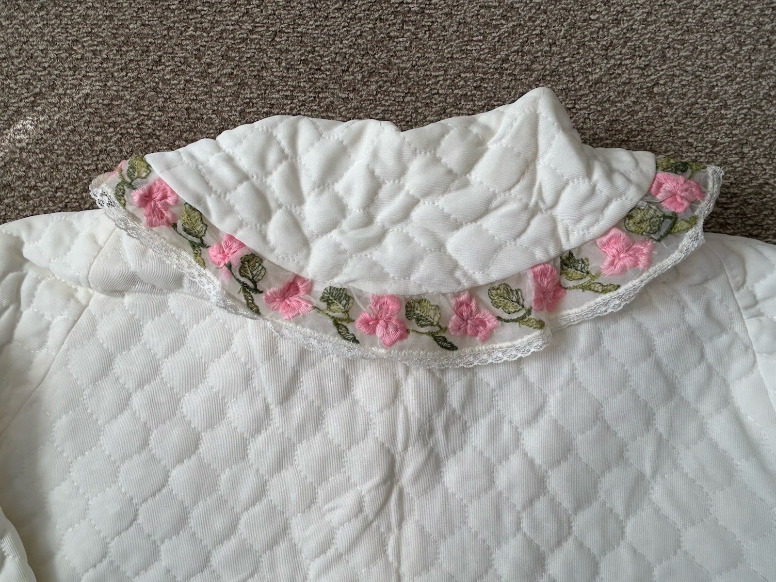 Vintage White Quilted Jacket with Pink Flowers On Lace Appears To Be Small