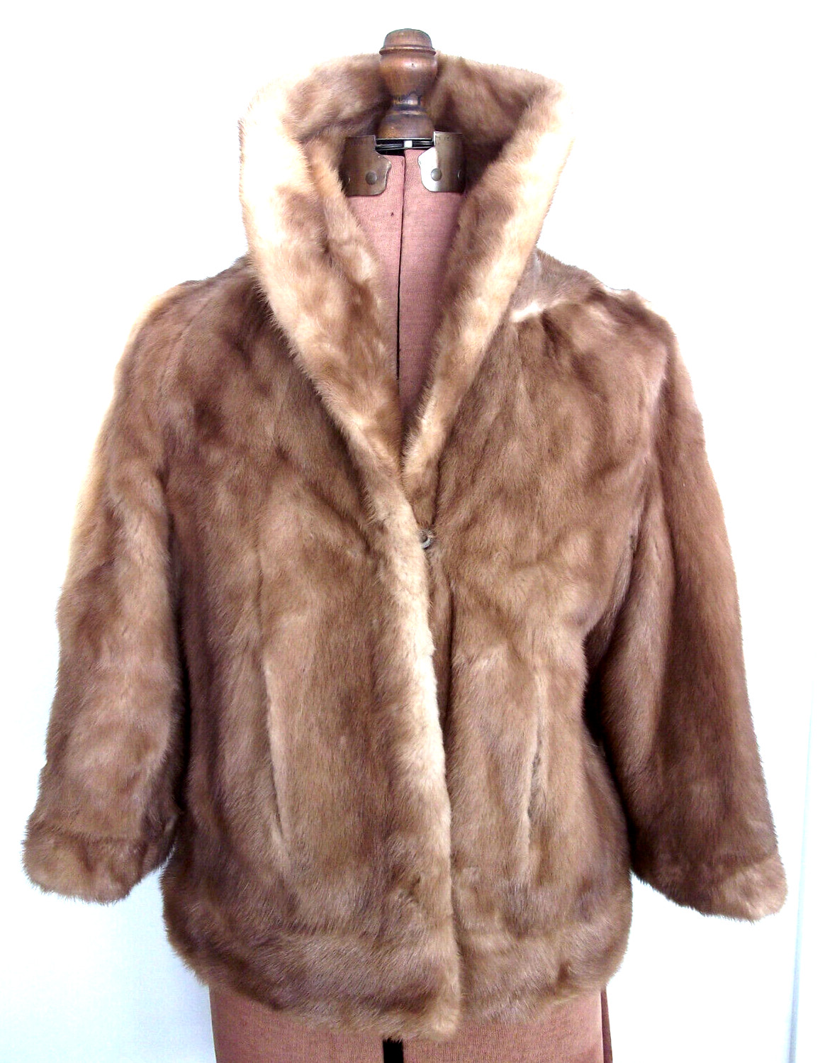 Vtg USA 60s EMBA Pastel BN MINK Emb Satin LD 3/4 Slv Pks Col 2 H&E JACKET/Sz M/L