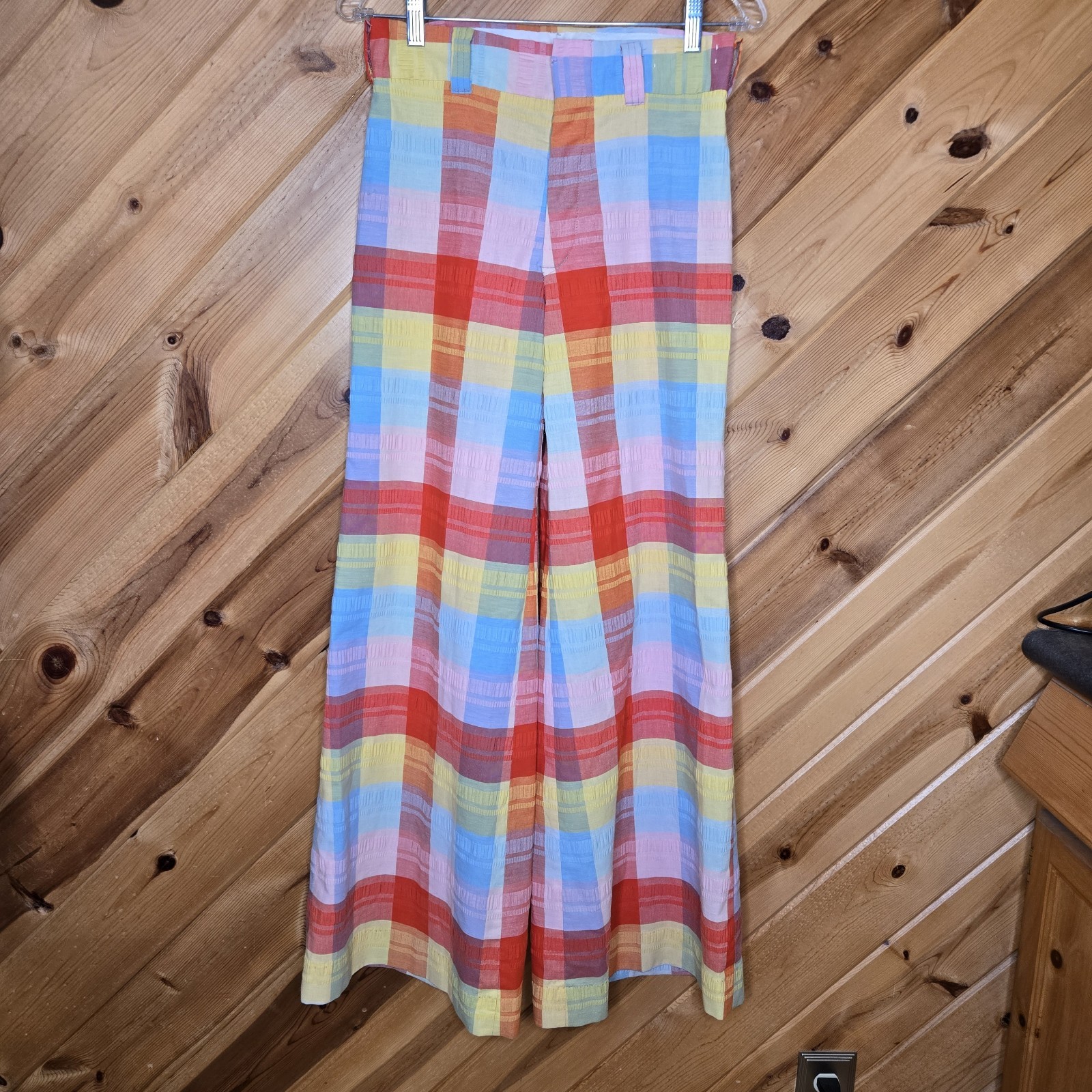 Rare Vintage 70s Plushbottoms High Waisted Rainbow Plaid Bell Bottoms 25″