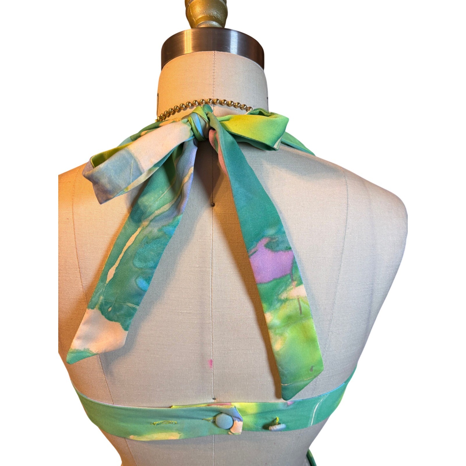 Watercolor Abstract Maxi Dress Set Halter Cutout Bolero Hippie Green Vintage