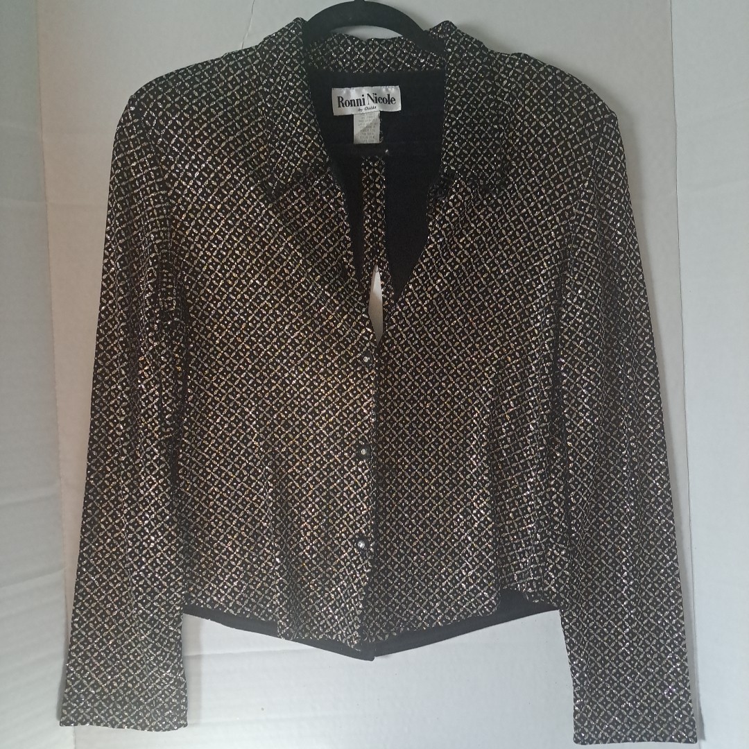 Ronni Nicole by Ouida Black W/Silver Glitter Button Up Blouse Slit Back Wms Sz 8