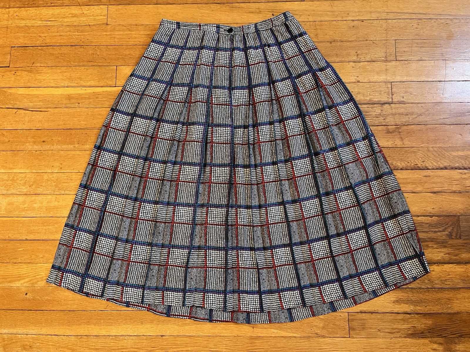 VINTAGE Starington Silk Blouse Skirt Scarf Set Women’s 12 Plaid Grey Blue 80s