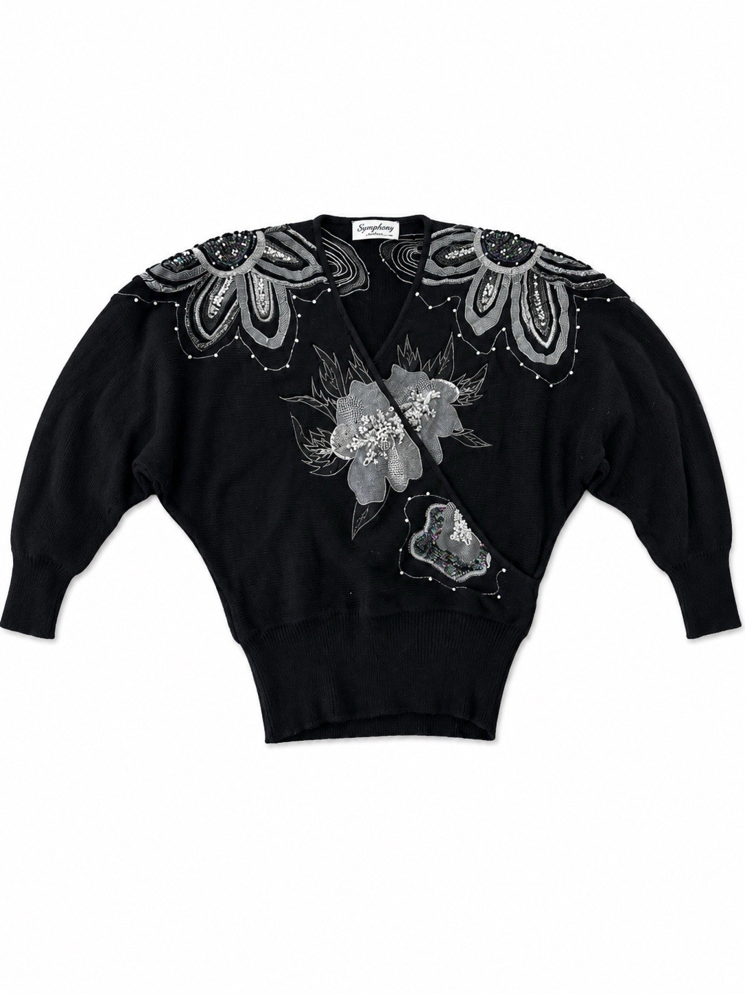 Vintage 1990’s Bonnie Boerer Metallic Silver Embellished Batwing Wrap Sweater M