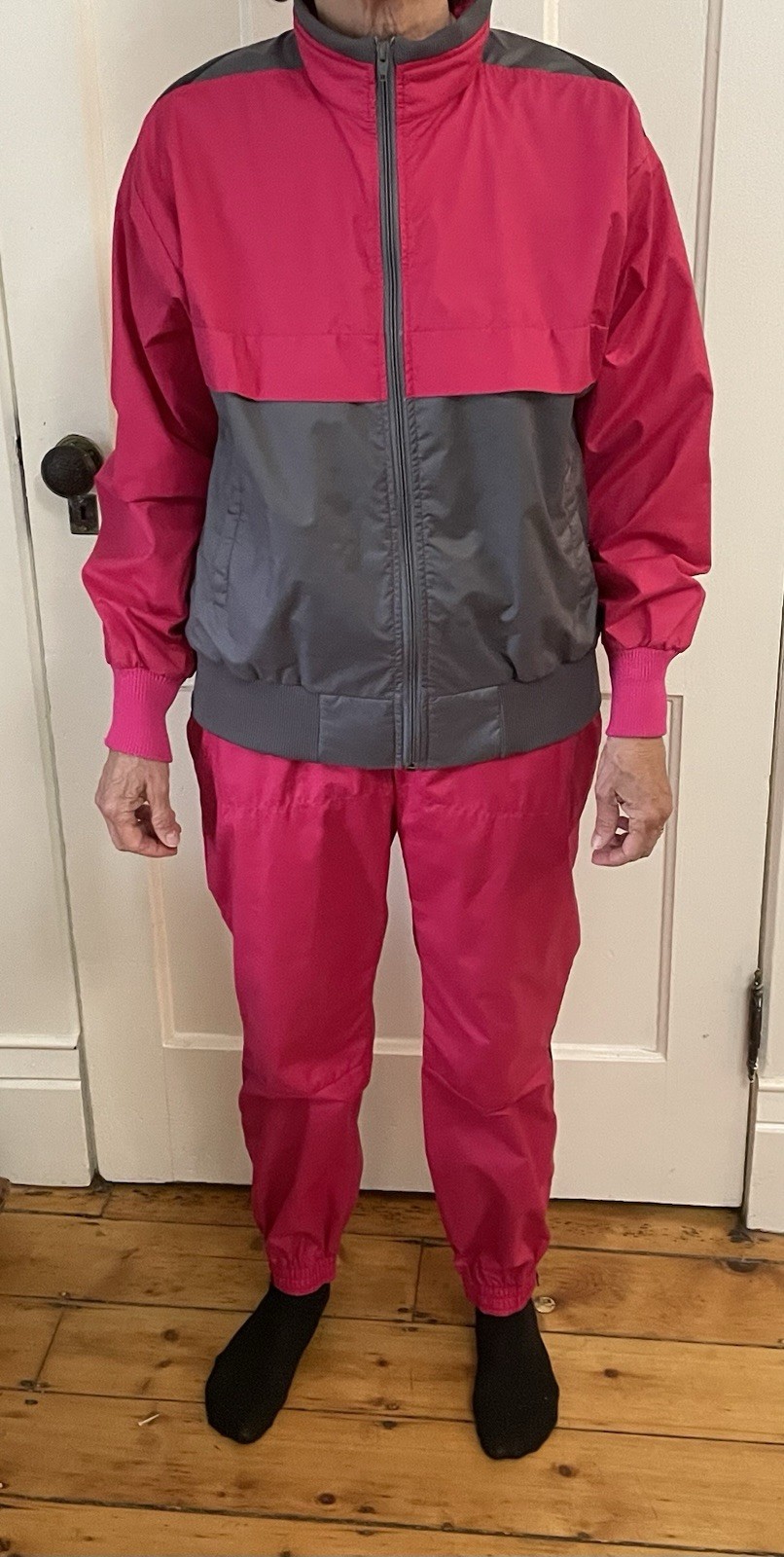 Vintage 80s Sunbuster Neon Pink Gray Zip Up Jacket:Pants Wind Suit Large RETRO