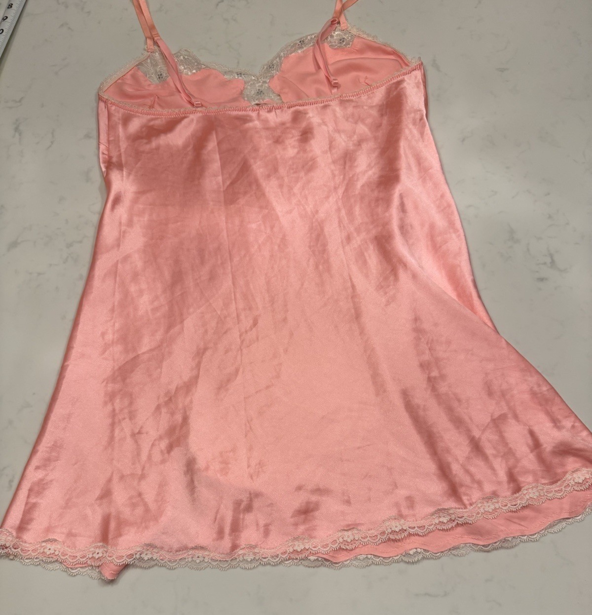 Vintage Victoria’s Secret Stain Pink Lace trim Mini Slip Dress Nightie Woman’s L