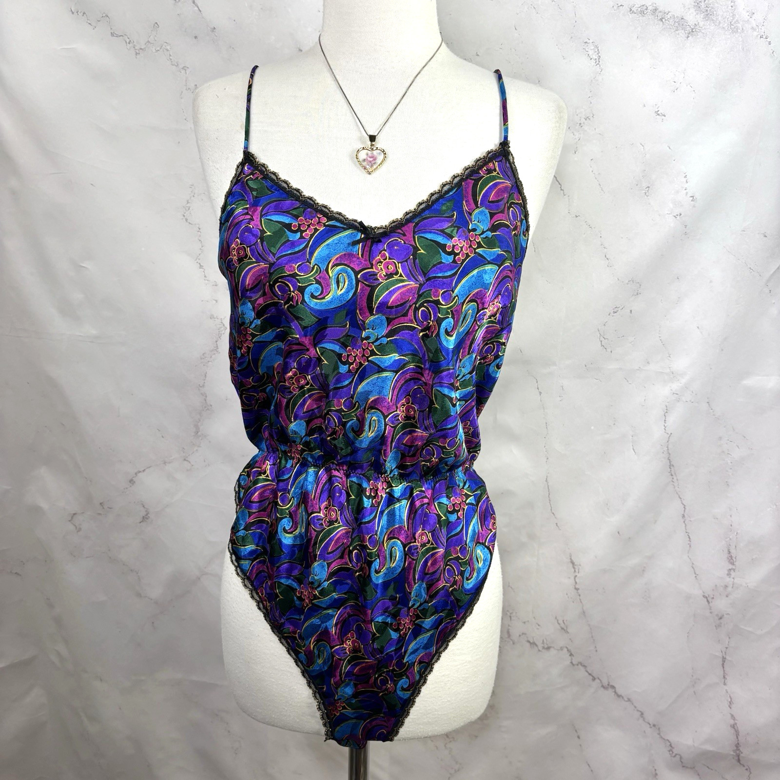 Vintage 80s Satin Teddy Bodysuit Hi Cut Whimsigoth Floral Lace S Bonjour Retro