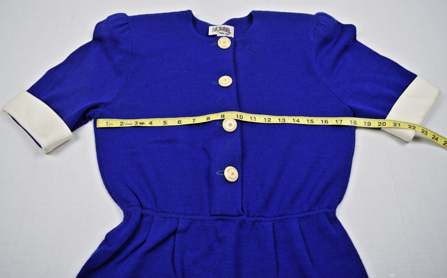 Vintage St John Knit Royal Blue Midi Dress S/M 80s White Buttons Fitted Waist