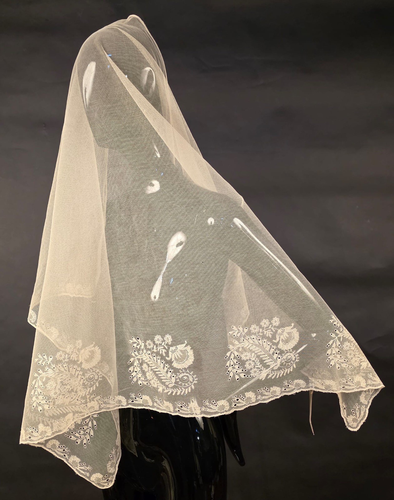ANTIQUE 1820’S HANDMADE LACE WEDDING BONNET VEIL W FLORALS + OWNERS ID FOR DRESS