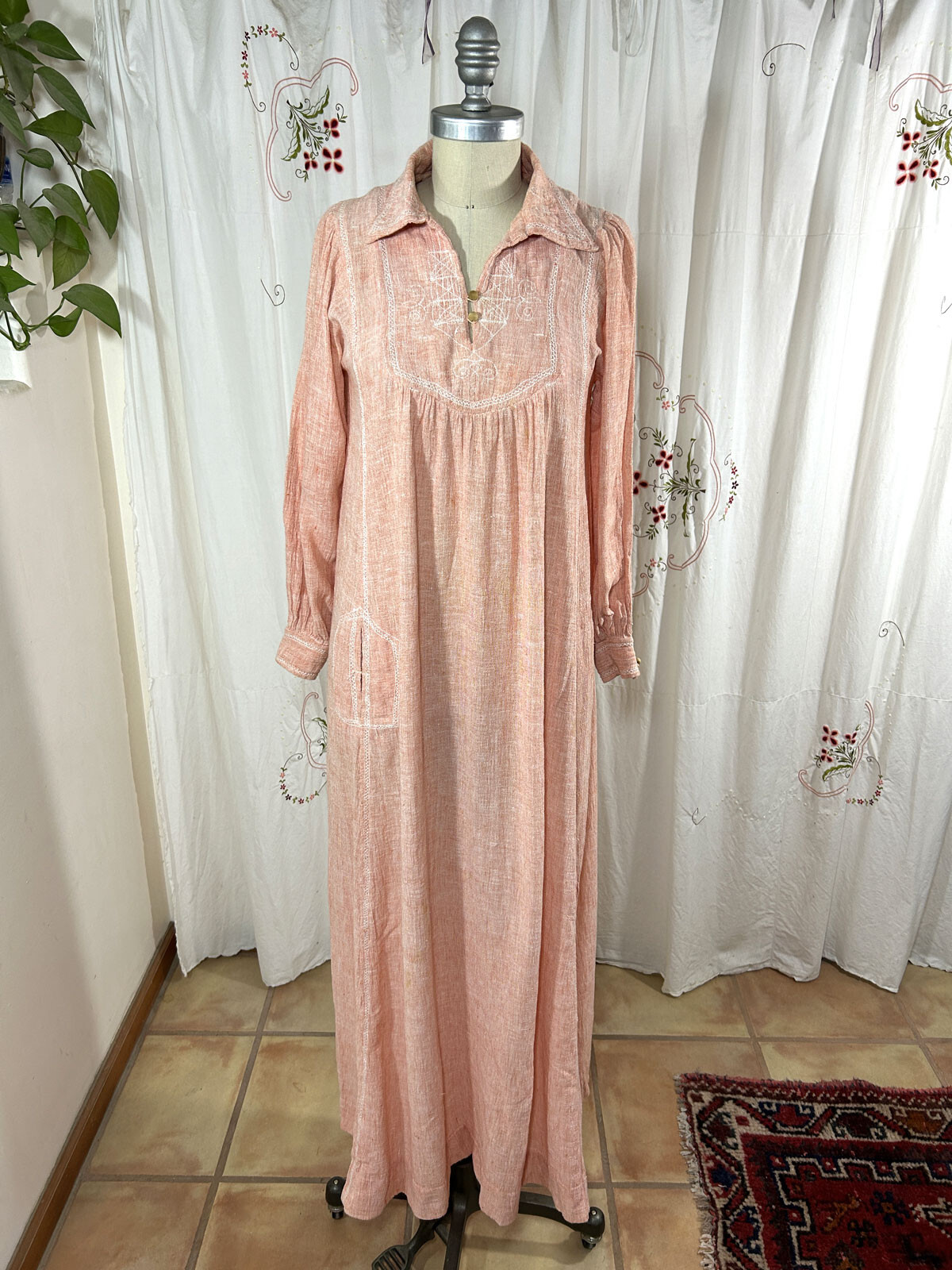 Vtg 70s India Imports of Rhode Island Pink Maxi Dress Hippy Boho Festival XS