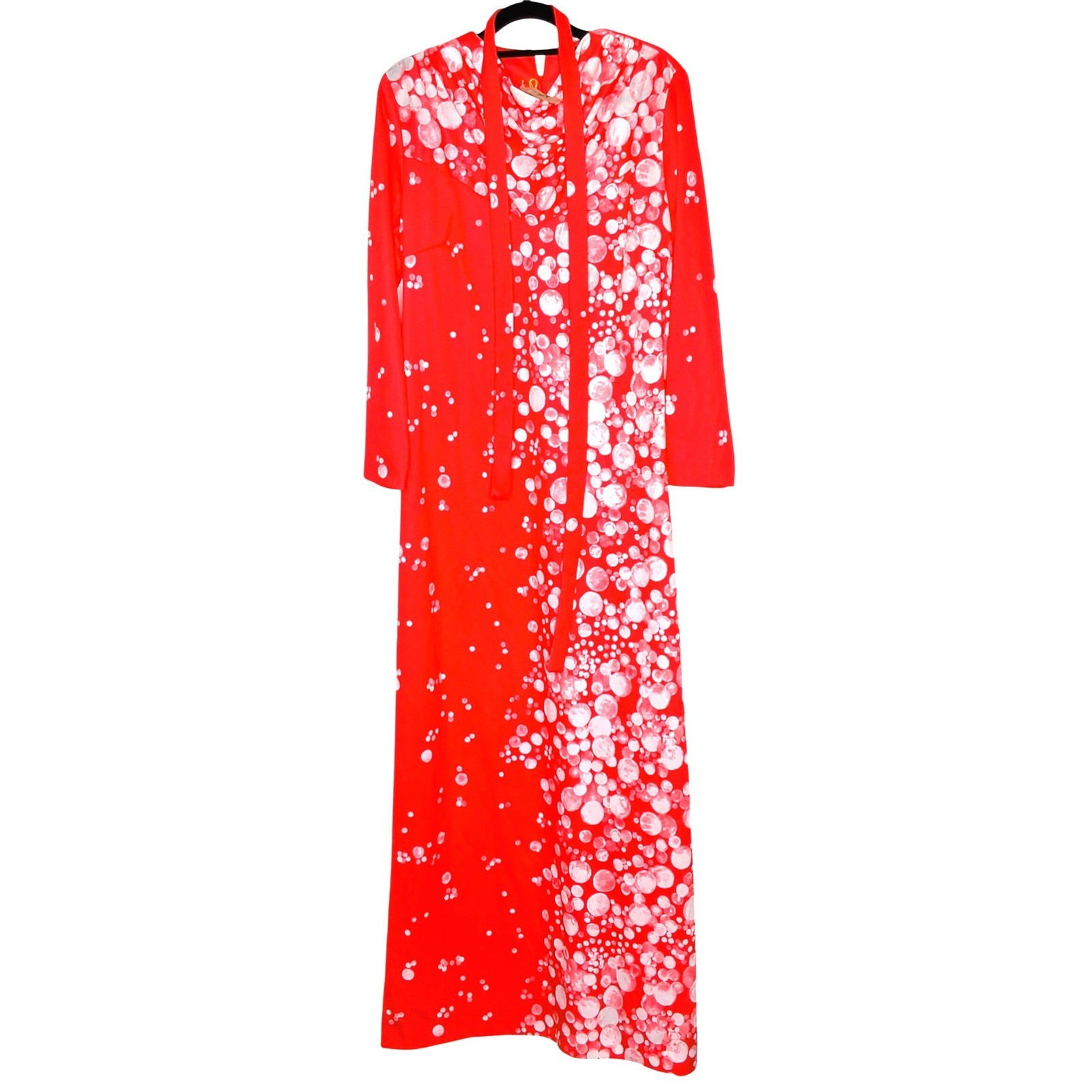 Vintage 70s Better Half Maxi Dress Women 16.5 Orange Bubble Dot Tie Neck NOS