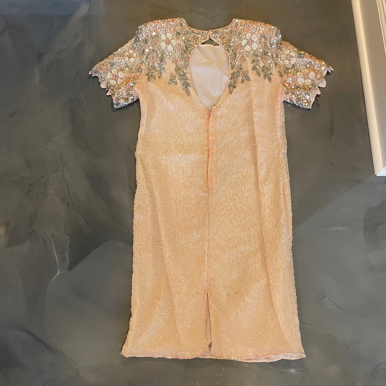 Stenay VTG Silk Beaded Sequin Dress LIght Pink Floral Keyhole Back Womens 14