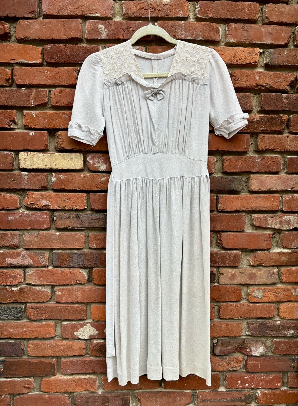 Antique Vintage 1920s 1930s Pale Blue Rayon Dress w/ Bow and Lace Yoke AS IS