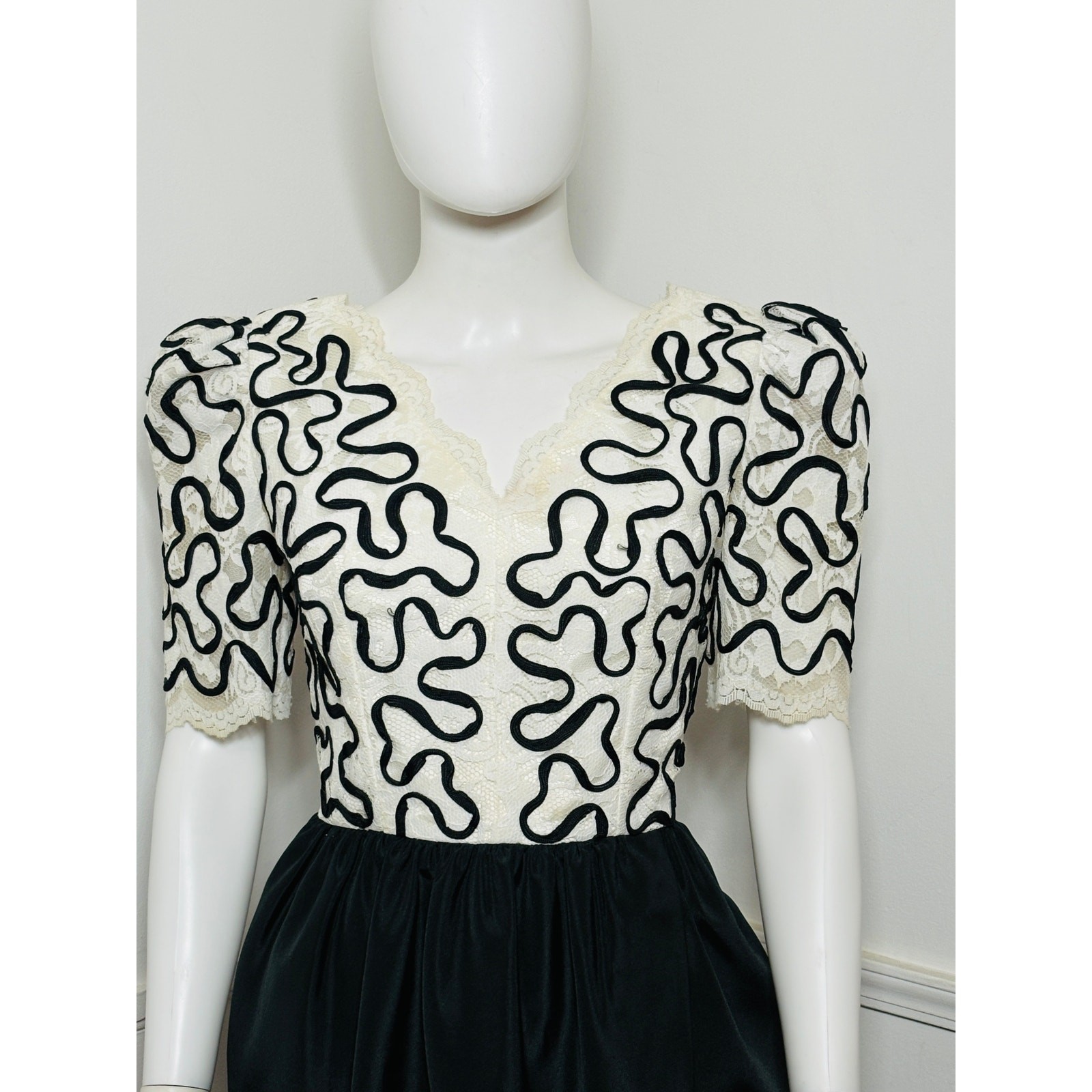 Small 1980s Vintage Black and White Lace Dress by Huey Waltzer for Darcy