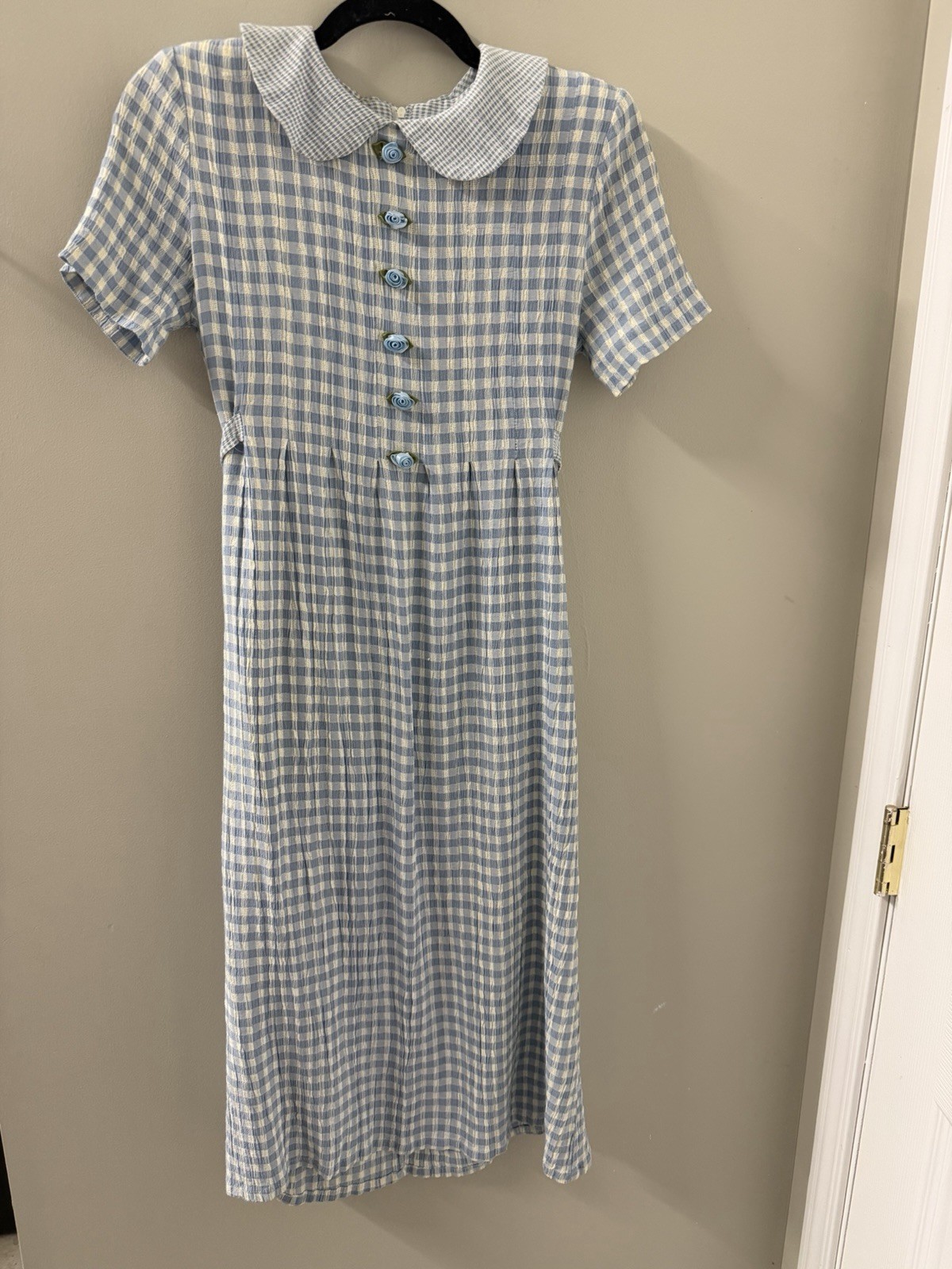 Vintage Women’s Blue Gingham Dress Roses JBS Sz 6P Petite 80s 90s CottageCore