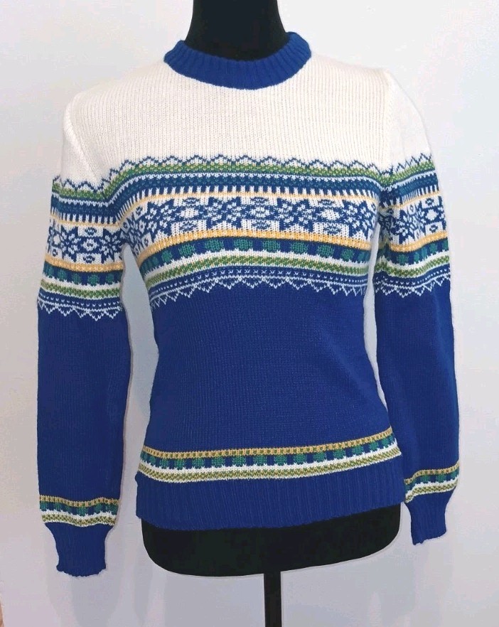 VTG Colin St Marx Fair Isle Sweater Blue Winter Floral Sz Medium 1980s with Tags