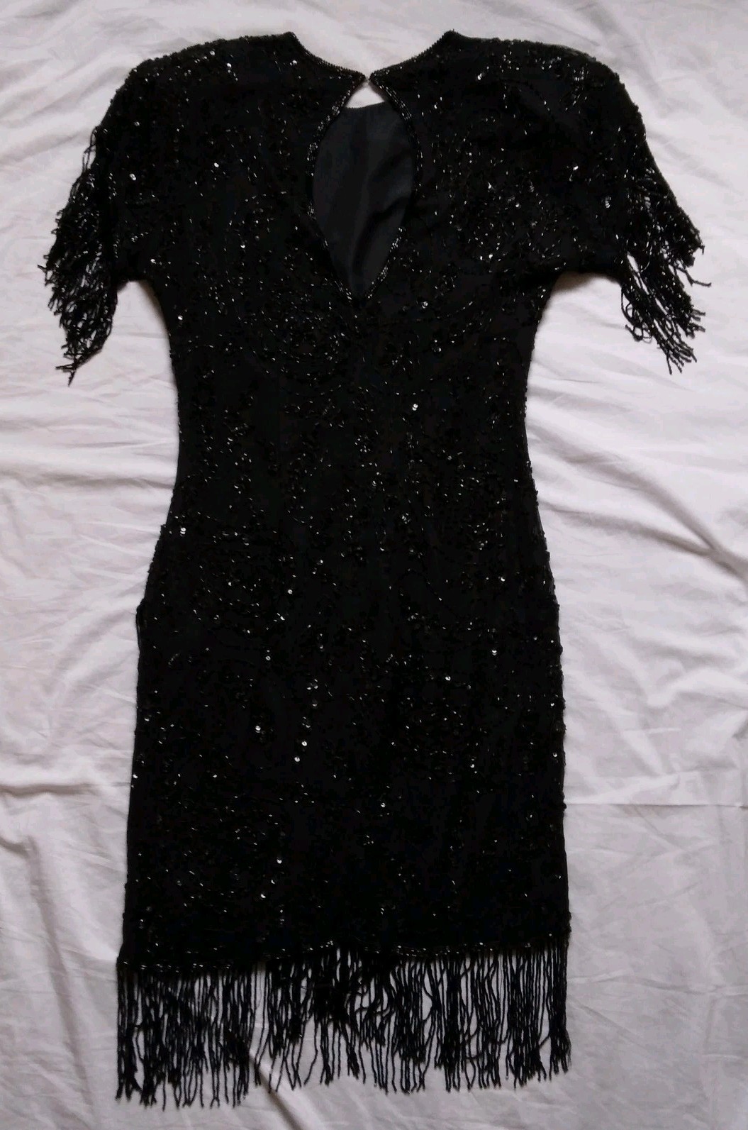 Vintage Cocktail Dress Michaelangelo Black Silk Beaded Sequin Flapper Size M