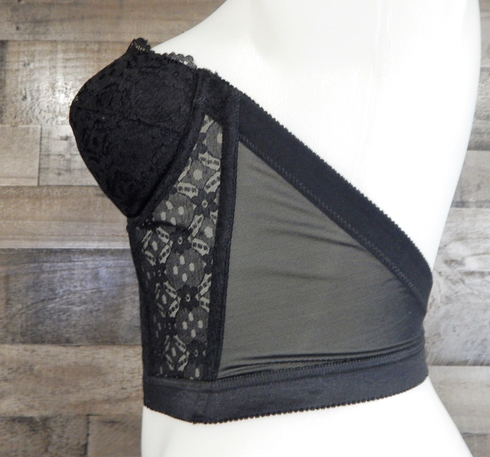VTG Sears Black Lace Longline Padded Strapless Wire Bra 38C Low Plunging Back