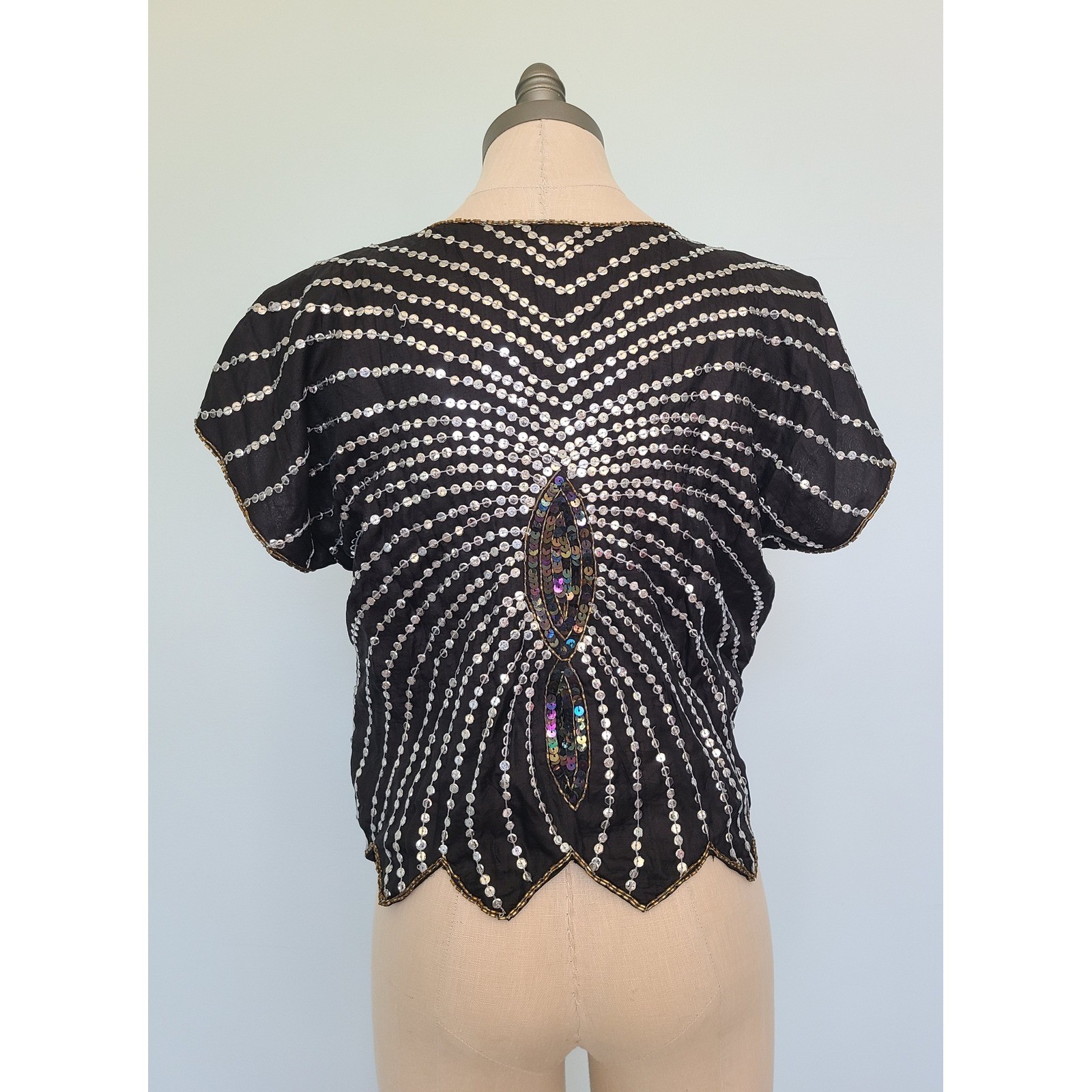 VTG Tina Sz M Butterfly Sequin Top 100% Silk 80s Flutter Sleeve Disco Top