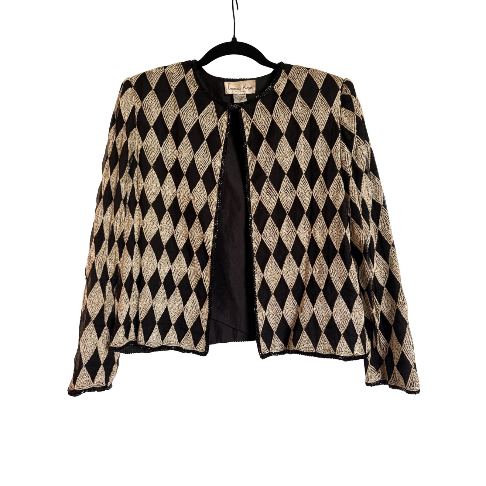 Vtg Evening Wear Laurence Kazar Silk Beaded Diamond Jacket Gold Black XL