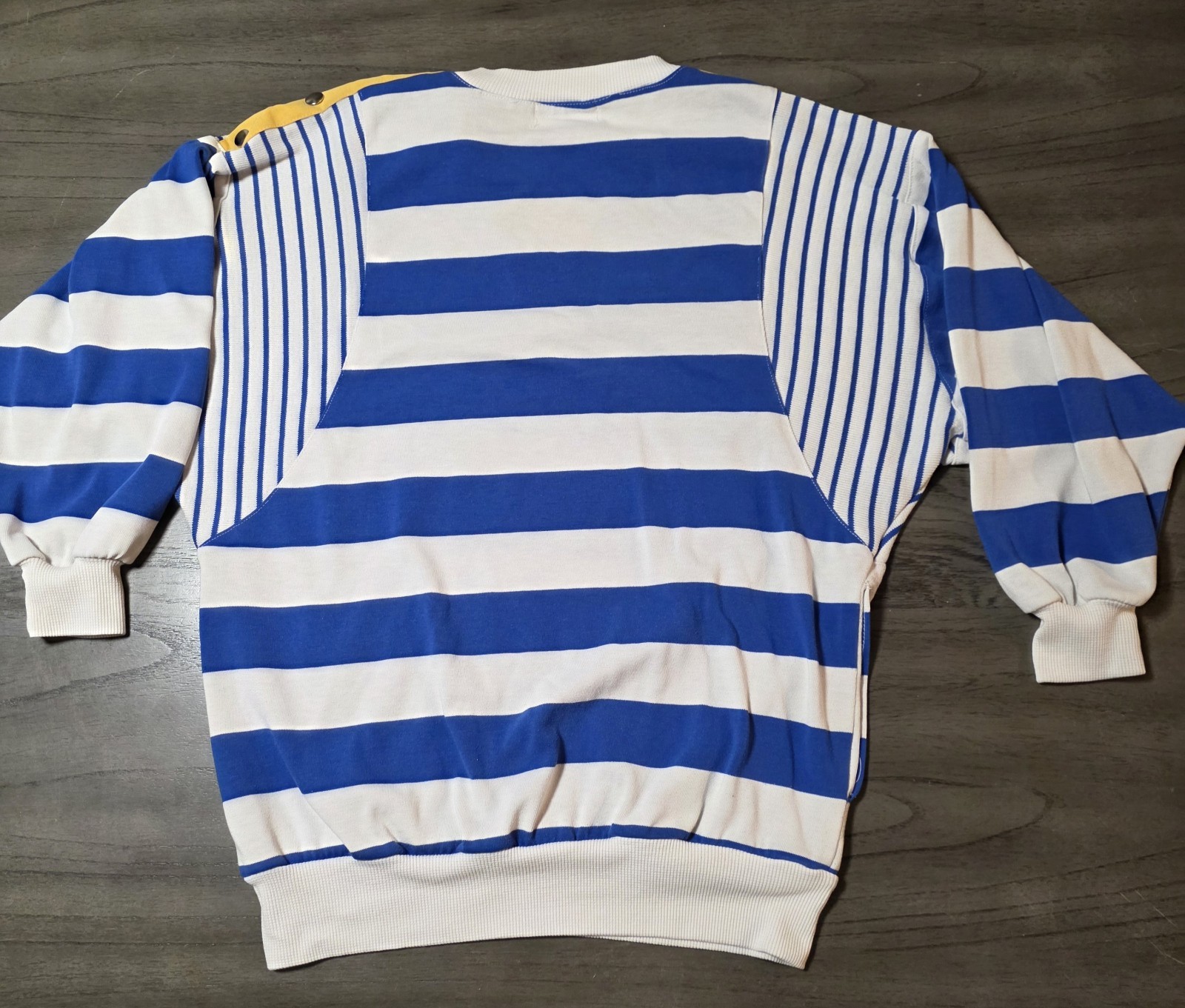 Vntg Rafael Women’s Shirt Blue & White Stripe, Yellow, Metal Buttons Size Small