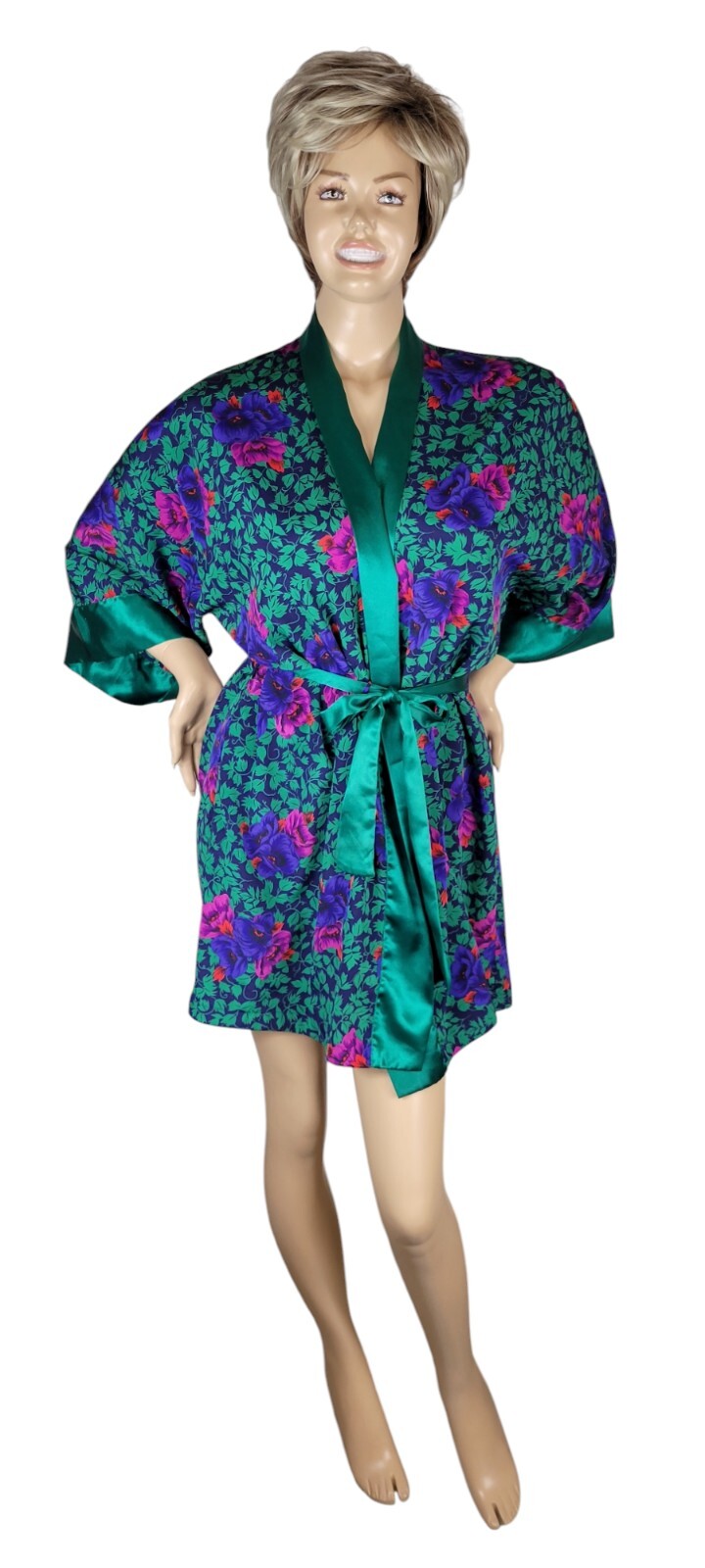 Vtg Victoria’s Secret Gold Label Poly Satin Green Purple Pink Red Floral Robe OS
