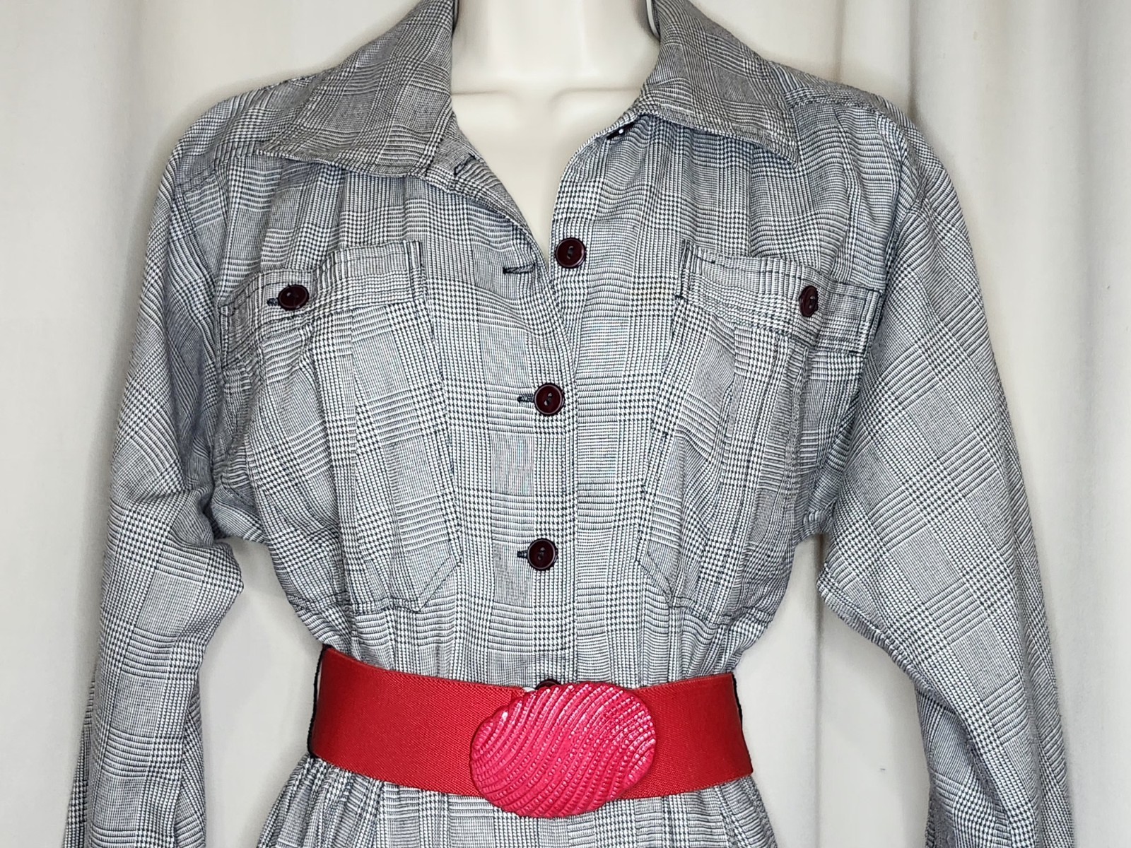 VTG 80s Black & White Houndstooth Check Button Up Jumpsuit w/Red Belt LS Sz S/M