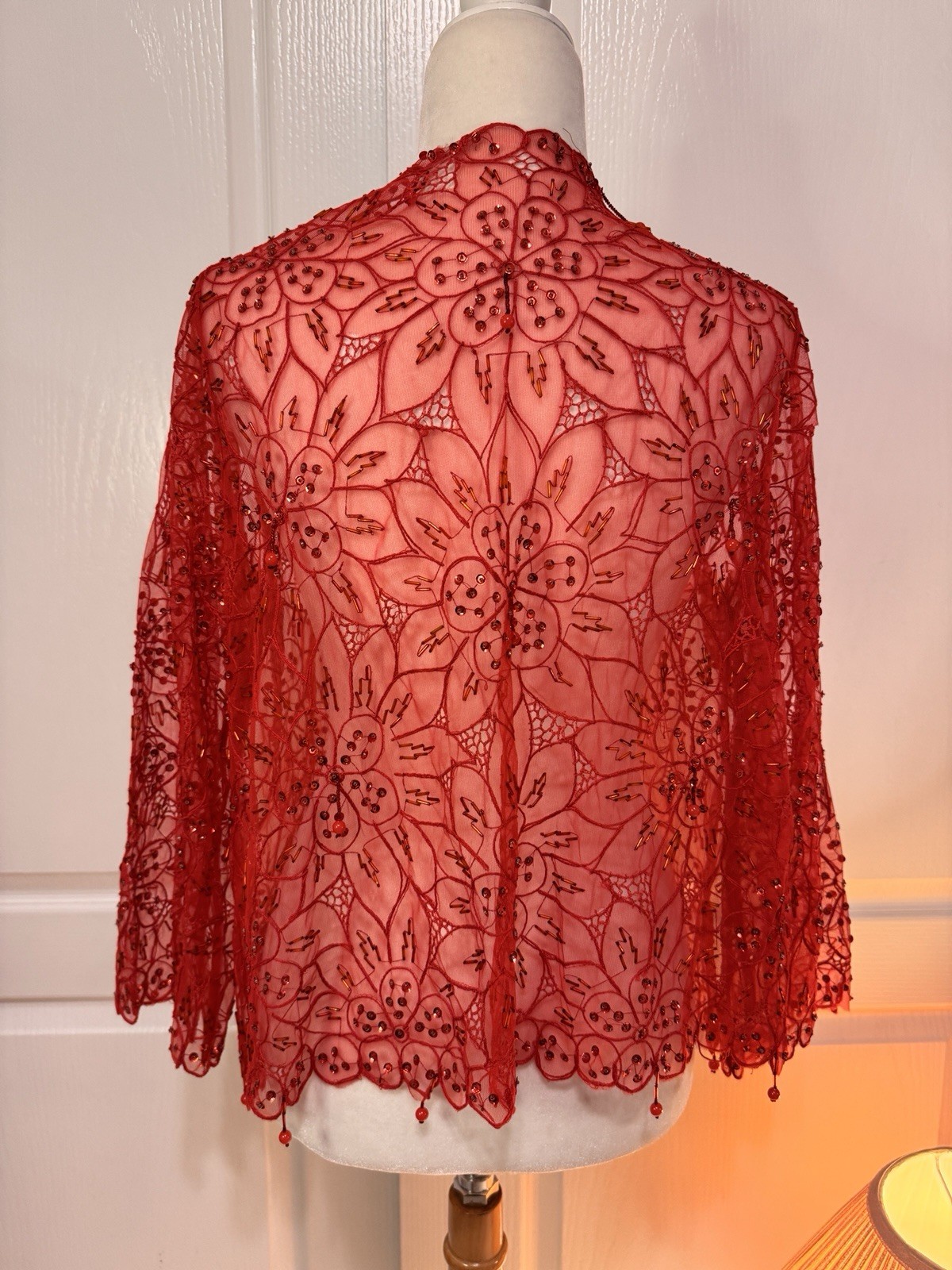 Vintage Red Beaded Mesh Cardigan Sheer Lace Sequin Shrug 90s Y2K Romantic Grunge