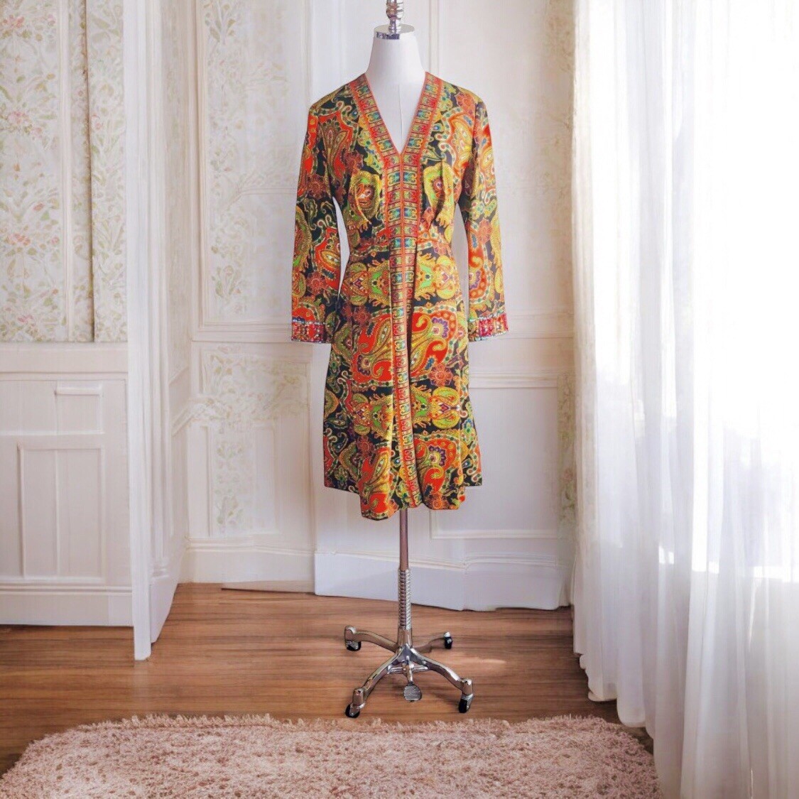 Vtg 60s Roger Milot Fred Perlberg Dress Size Small Psychedelic￼ Paisley Sequins