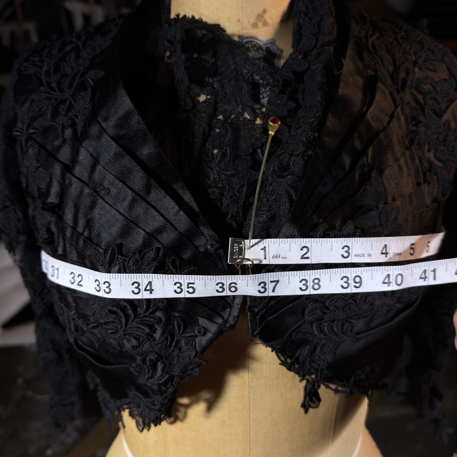 ANT/ VTG Edwardian Black Lace Satin Embroidered Sheer Bolero/Shrug 1890’s Goth