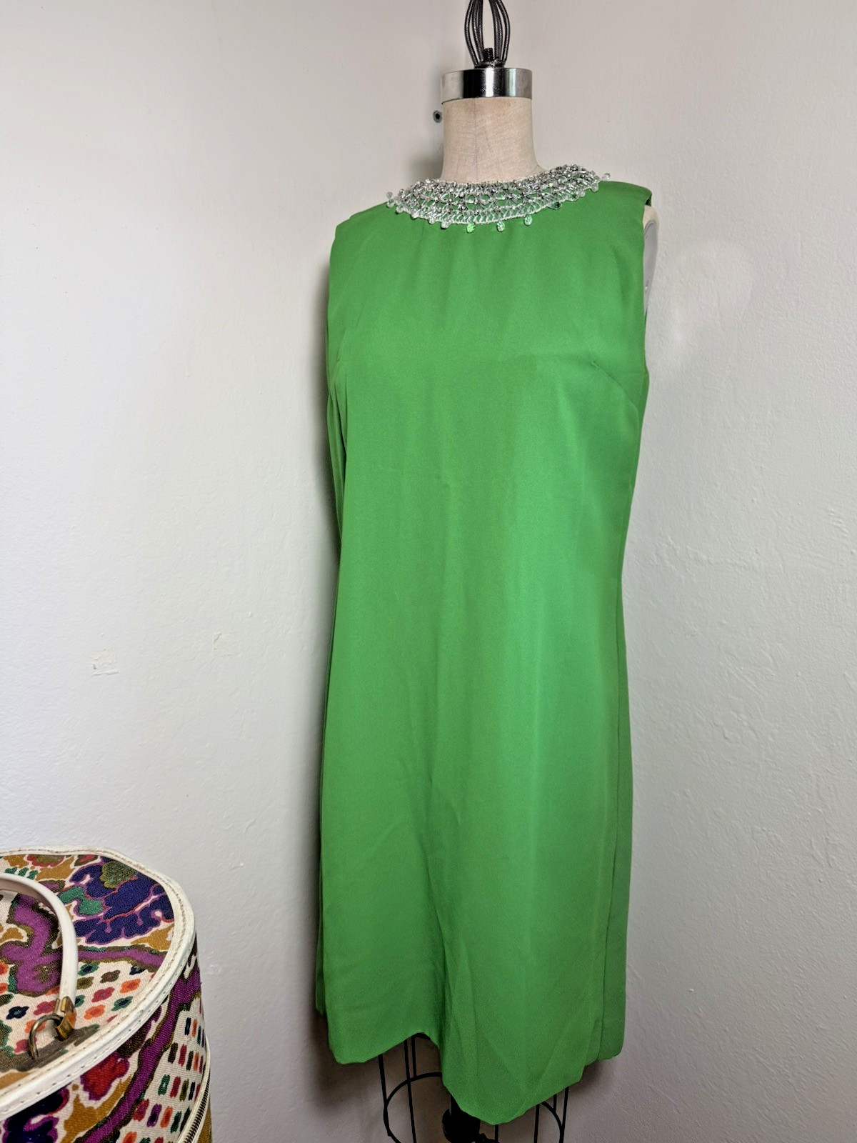 Vintage 1960s Cape Back Mod Shift Dress Rhinestone Collar ILGWU Union Made Green