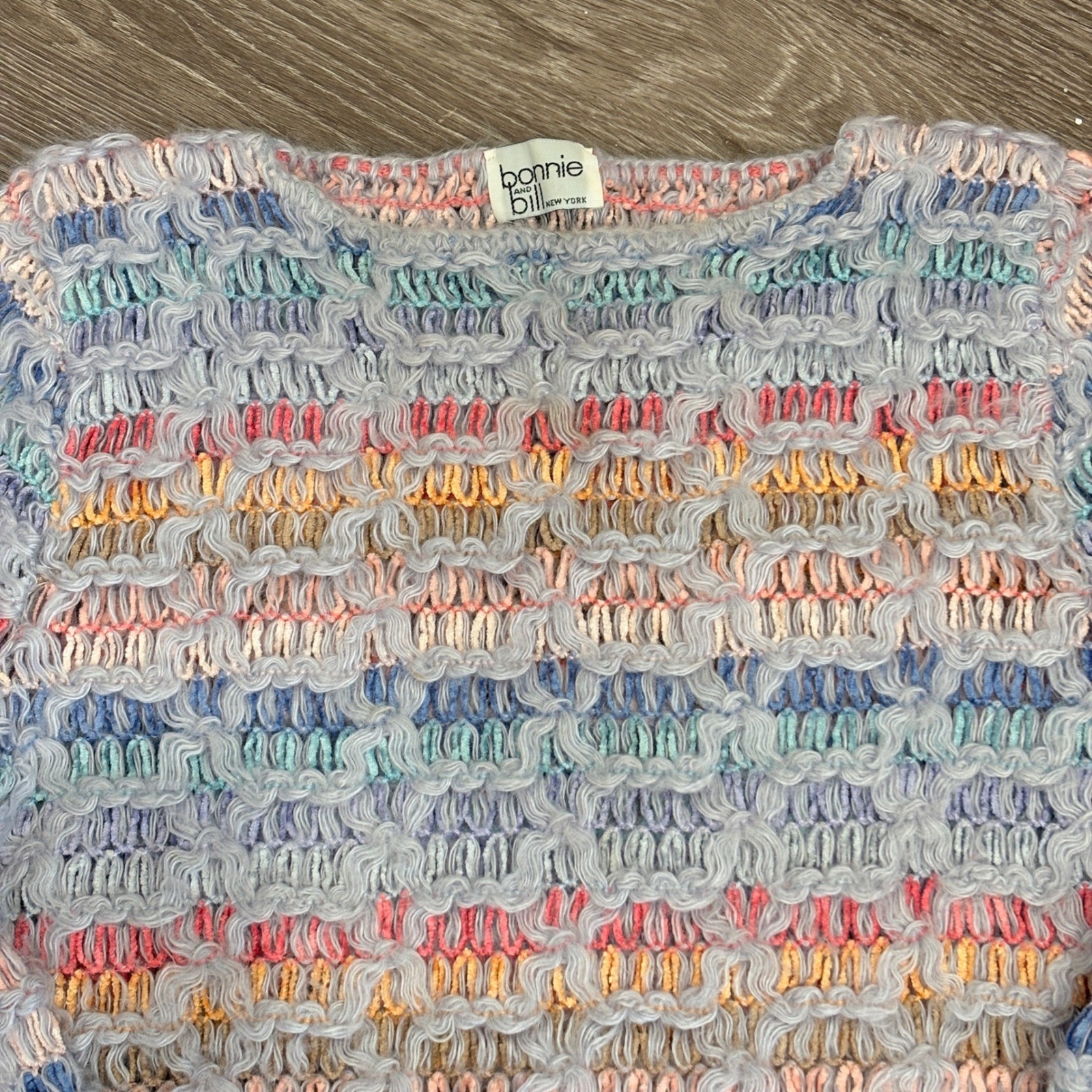 VTG 80s Bonnie and Bill Pastel Rainbow Textured Open Knit Sweater Granny Small