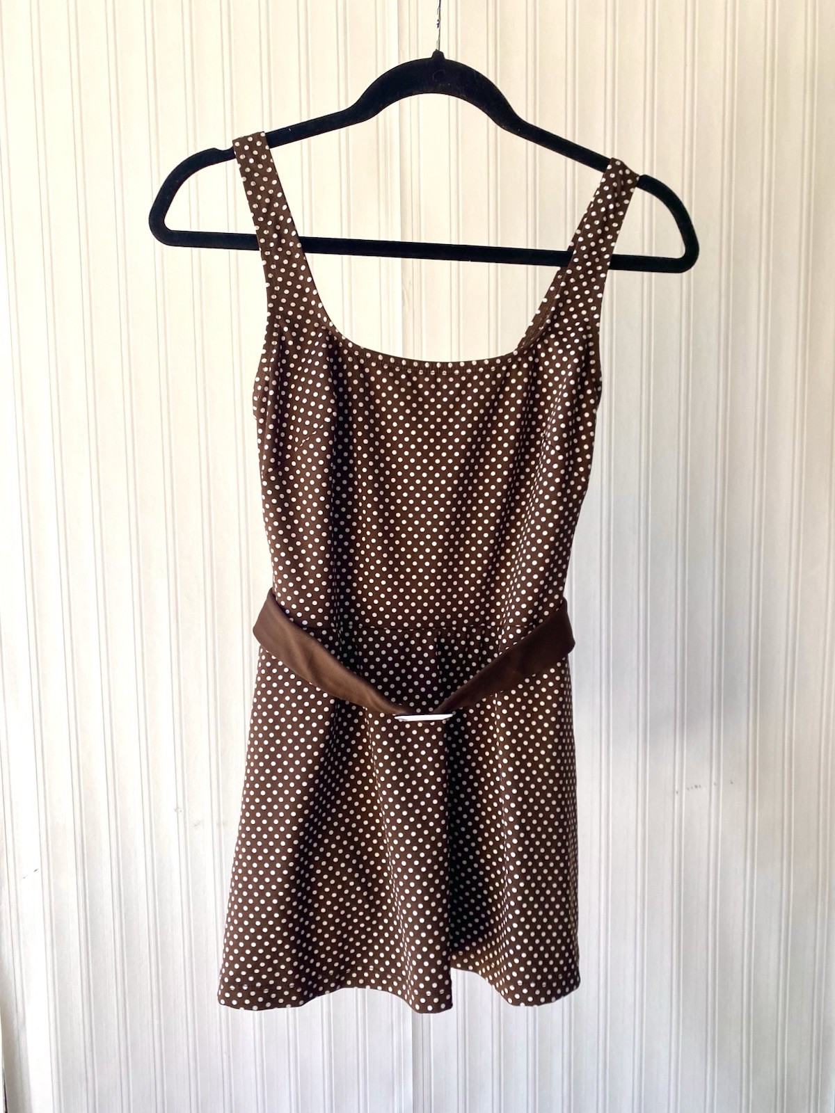 1970s/1980s Brown Polka Dot Swimdress w/Belt size 10 Excellent Condition