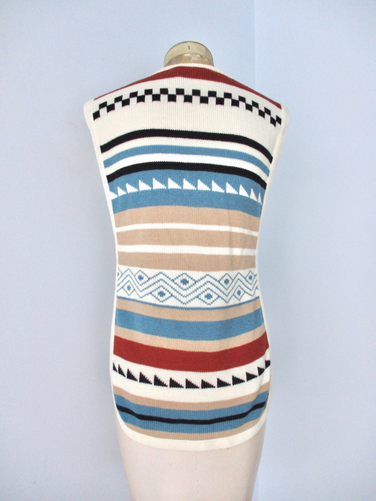 Vtg 70s Ivory 2-Pc Disco Cowl Neck Sweater Dress Blue Tribal Stripe Tunic Vest 8