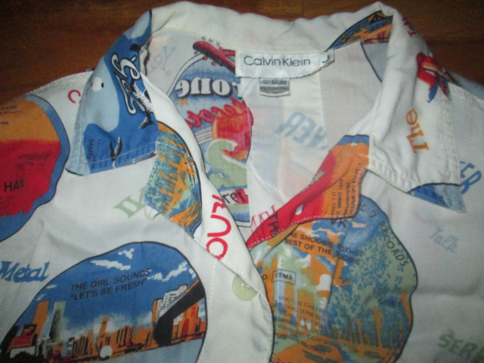 LADIES Vtg 80s 90s CALVIN KLEIN Loop Collar Rayon album record aop hawaii shirt