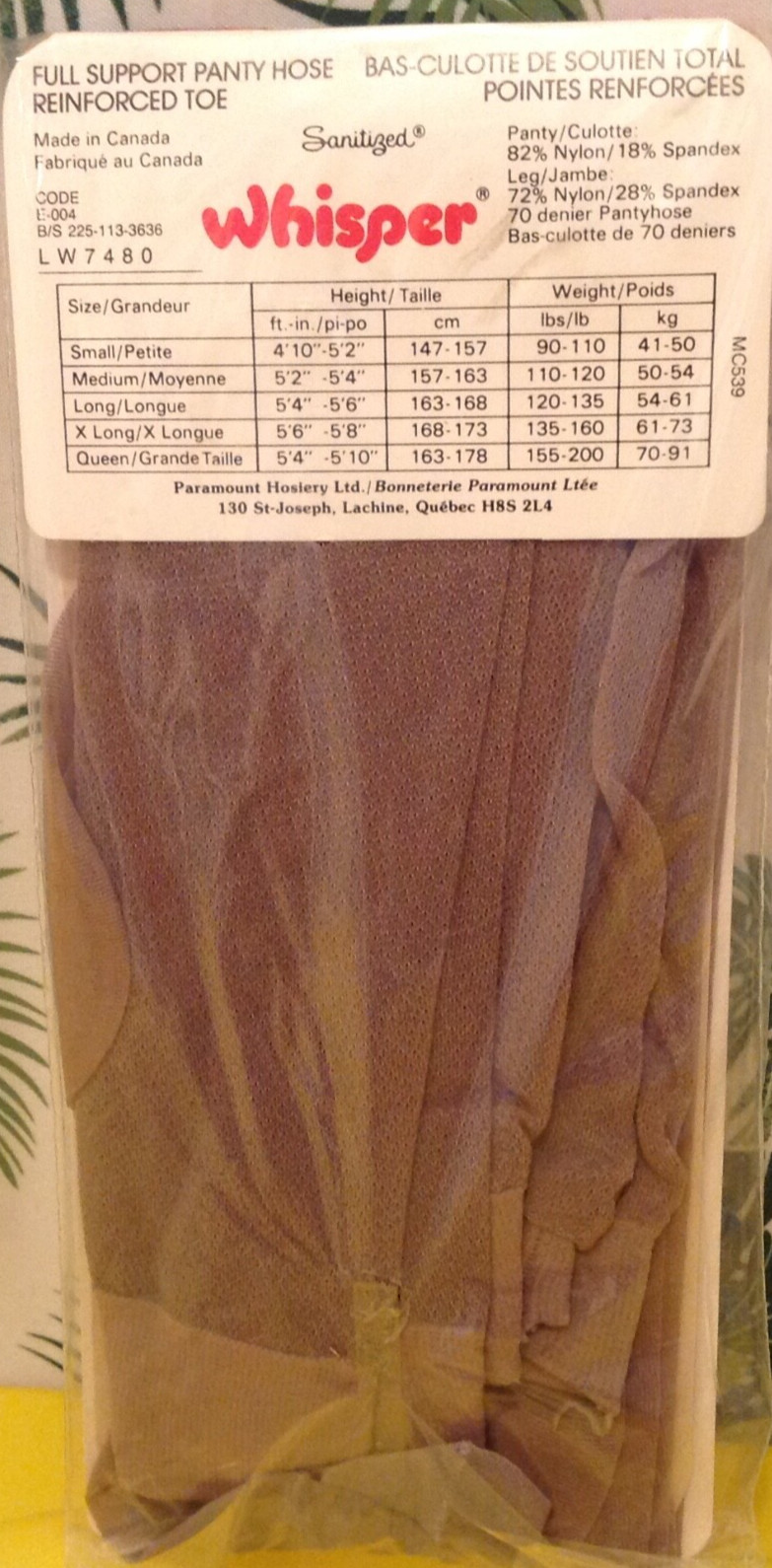 Vintage Pantyhose Whisper Full Support Color Misty Cloud Size Small BC004A