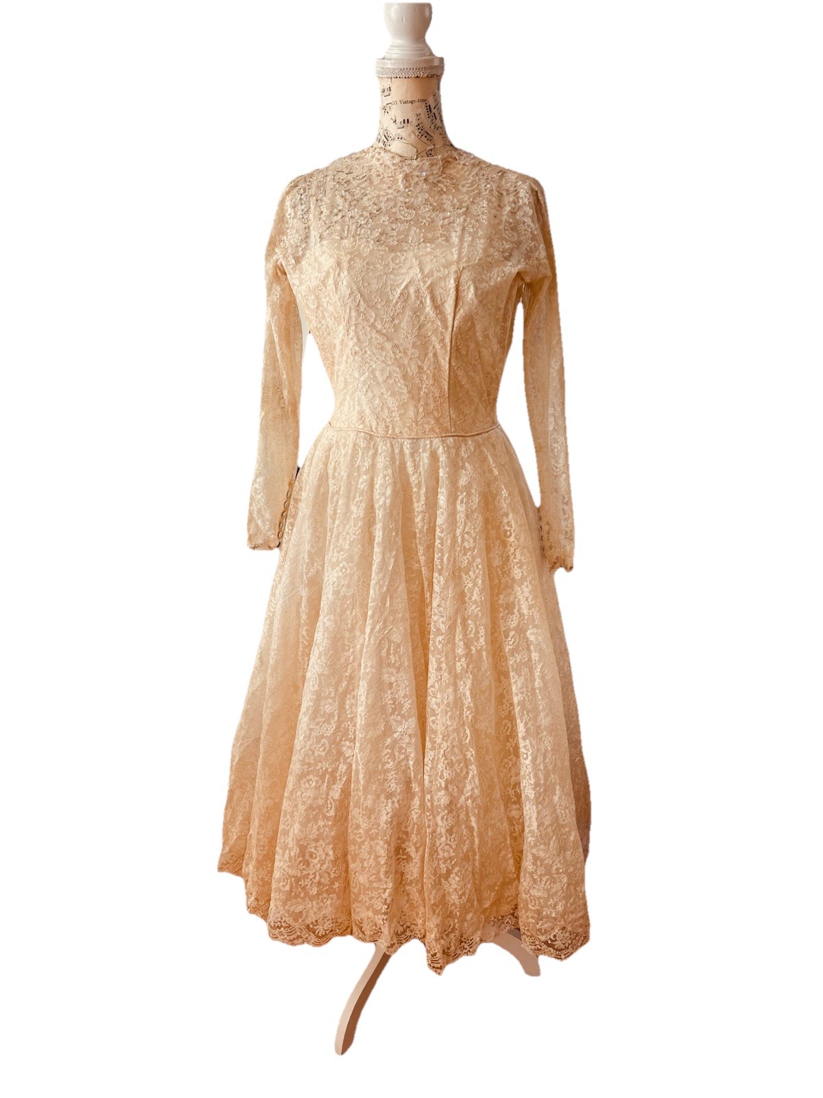 Vintage 50’s Tulle Lace Satin Wedding Dress Sequins Sz XS Ivory Full Circle